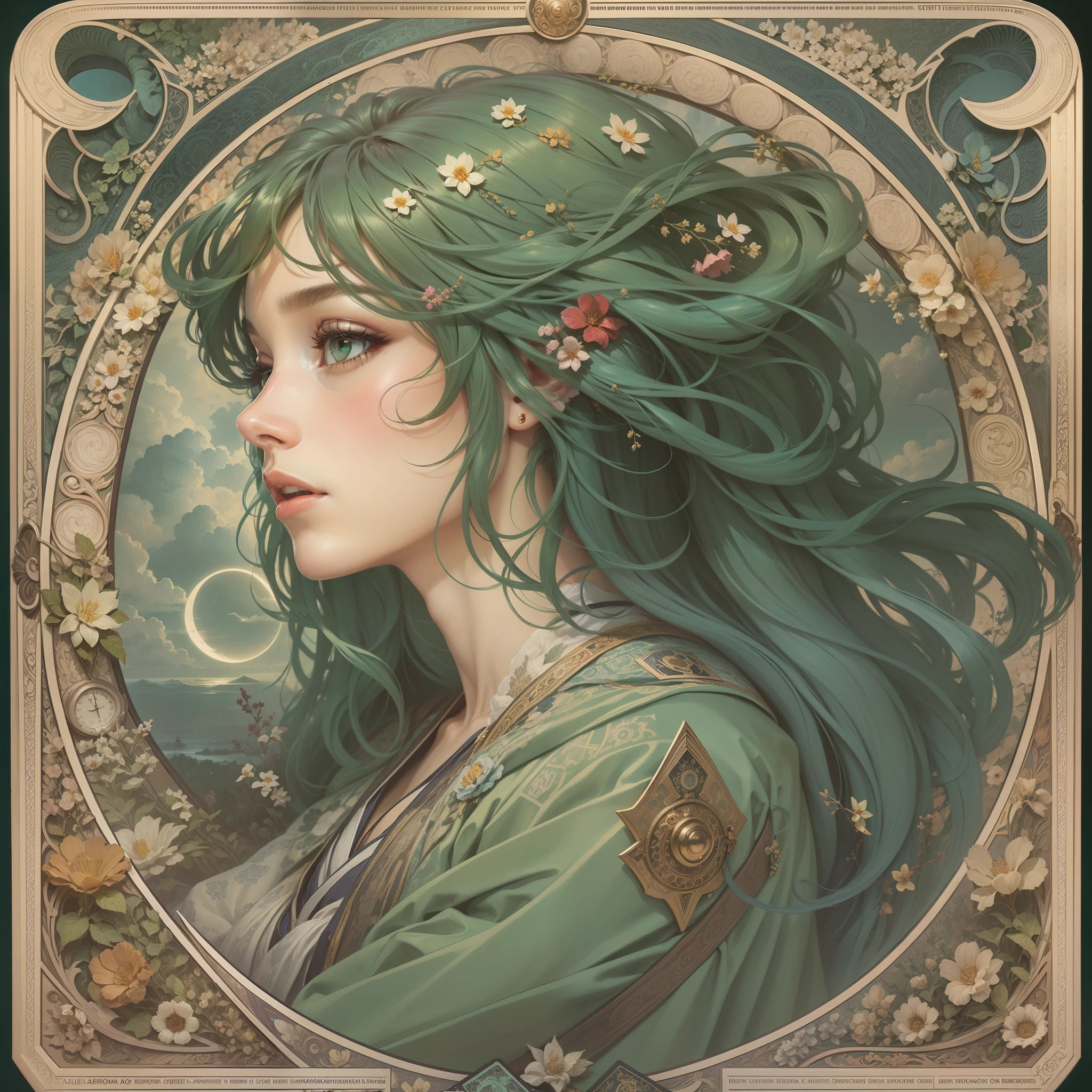 1 girl，woman，Looking down，Solo，The upper part of the body，Green eyes，european woman face portrait，with long coiled hair，Shiny skin, Detailed face, The magic robe is patterned， Sumeru，Clouds， themoon，tarot card layout，Best quality, Masterpiece, (Realistic:0.6), Realistic lighting,Flower frame， Decorative panels， abstract artistic， Alphonse Mucha （tmasterpiece， best qualtiy， A high resolution： 1.4）， A detailed， Complicated details， 4K，cerulean， Line art， Fibonacci