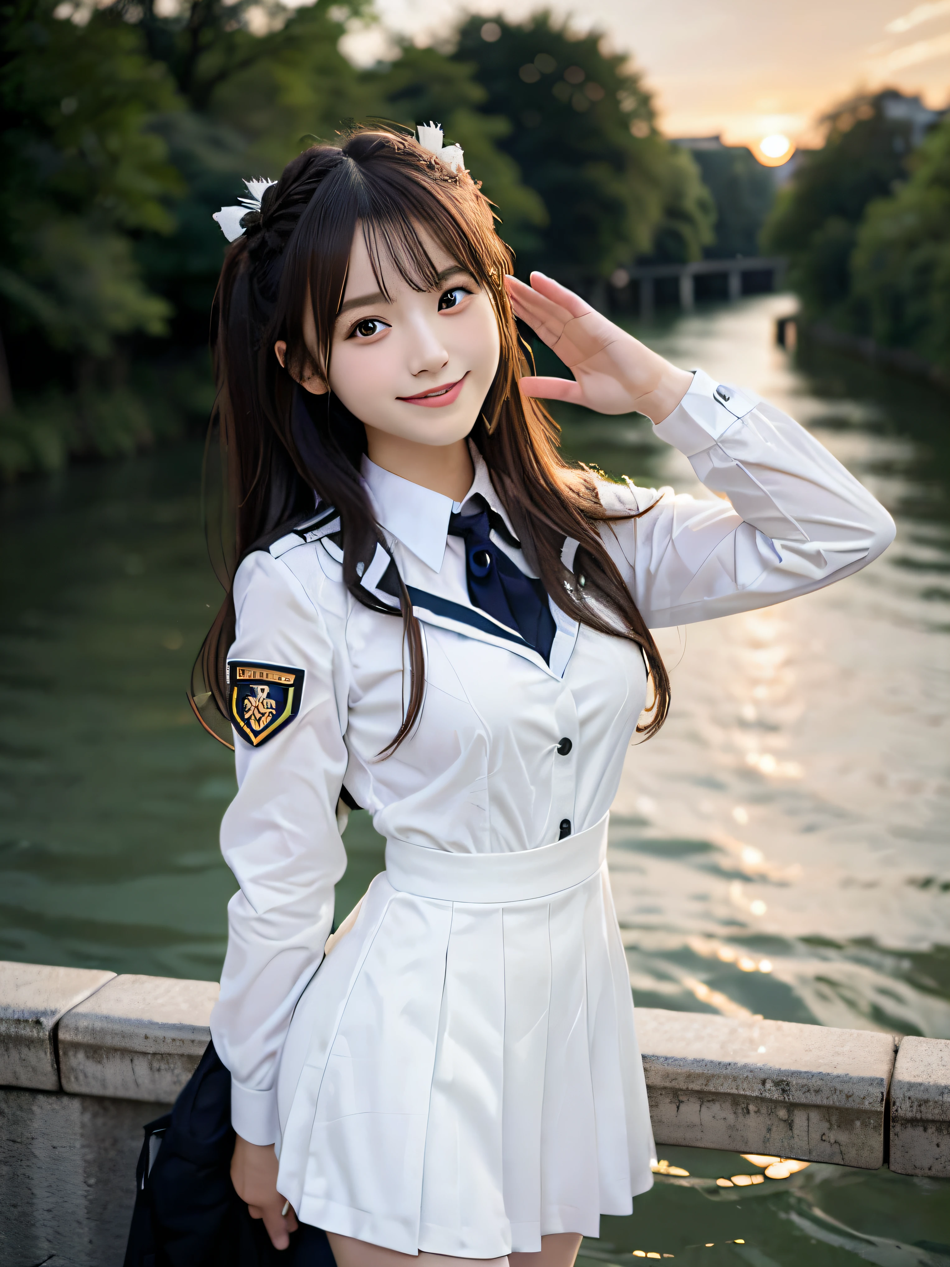 (Twin-tailed hair girl with slender small breasts in white uniform:1.5)、(Smiling girl turning around and saluting with right hand:1.3)、(Embankment road along the river at sunset:1.3)、(tre anatomically correct:1.3)、(complete hands:1.3)、(complete fingers:1.3)、(cleavage of the breast)、Photorealsitic、Raw photography、masutepiece、top-quality、Hi-Res、delicate and pretty、face perfect、Beautiful detailed eyes、Fair skin、Real Human Skin、pores、((thin legs))、(Dark hair)