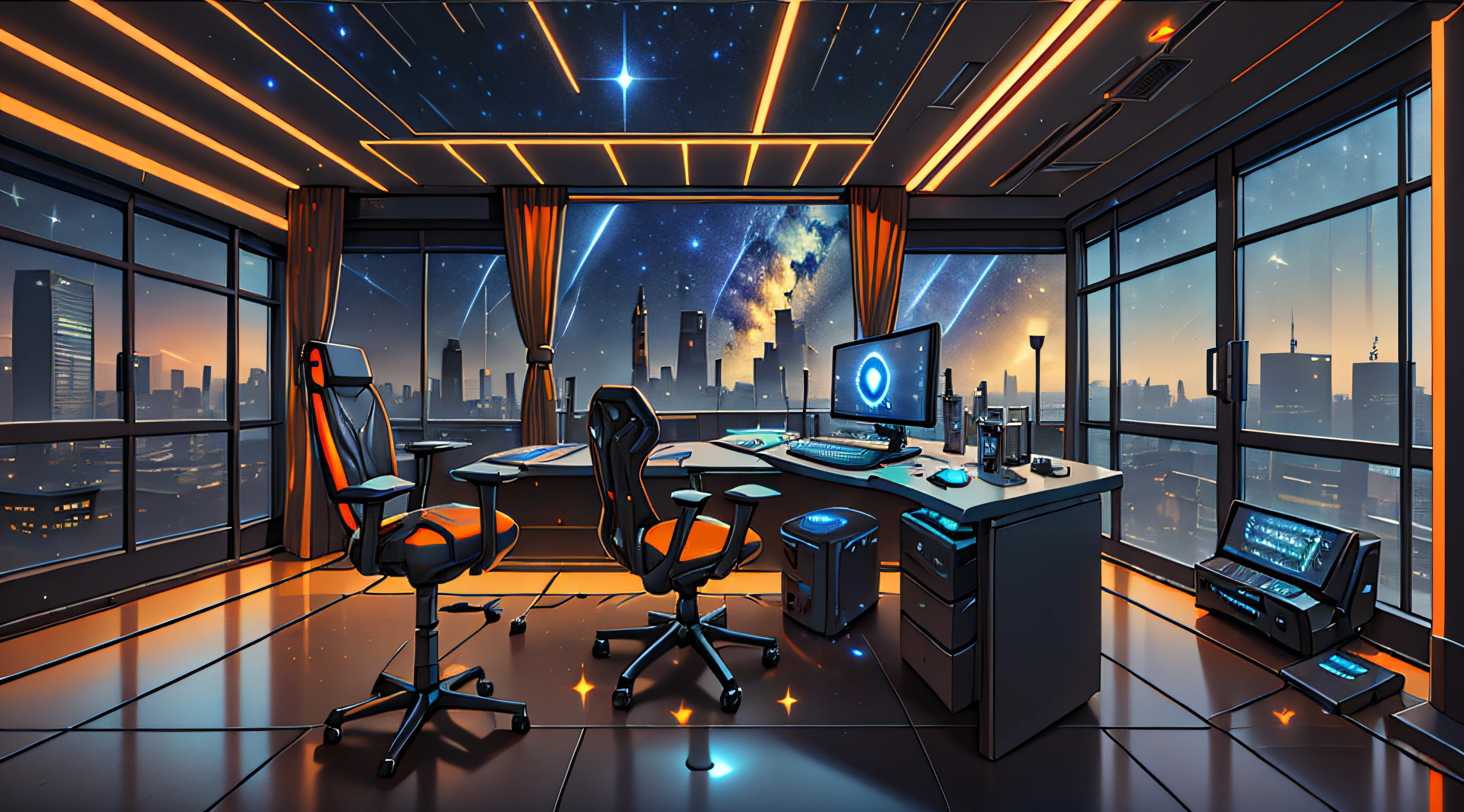 Warm Light Source Cyberpunk Calm Night Tech Bedroom Computer Desk Microphone Light Computer Water Dispenser Small Fluorescent Starry Sky Smooth Floor Fox Deconstructivism Fragmentation Gorgeous Sculpture Floor-to-ceiling windows Light Bed Camera Chair Game Interface Warm Orange Dark Environment Ambilight