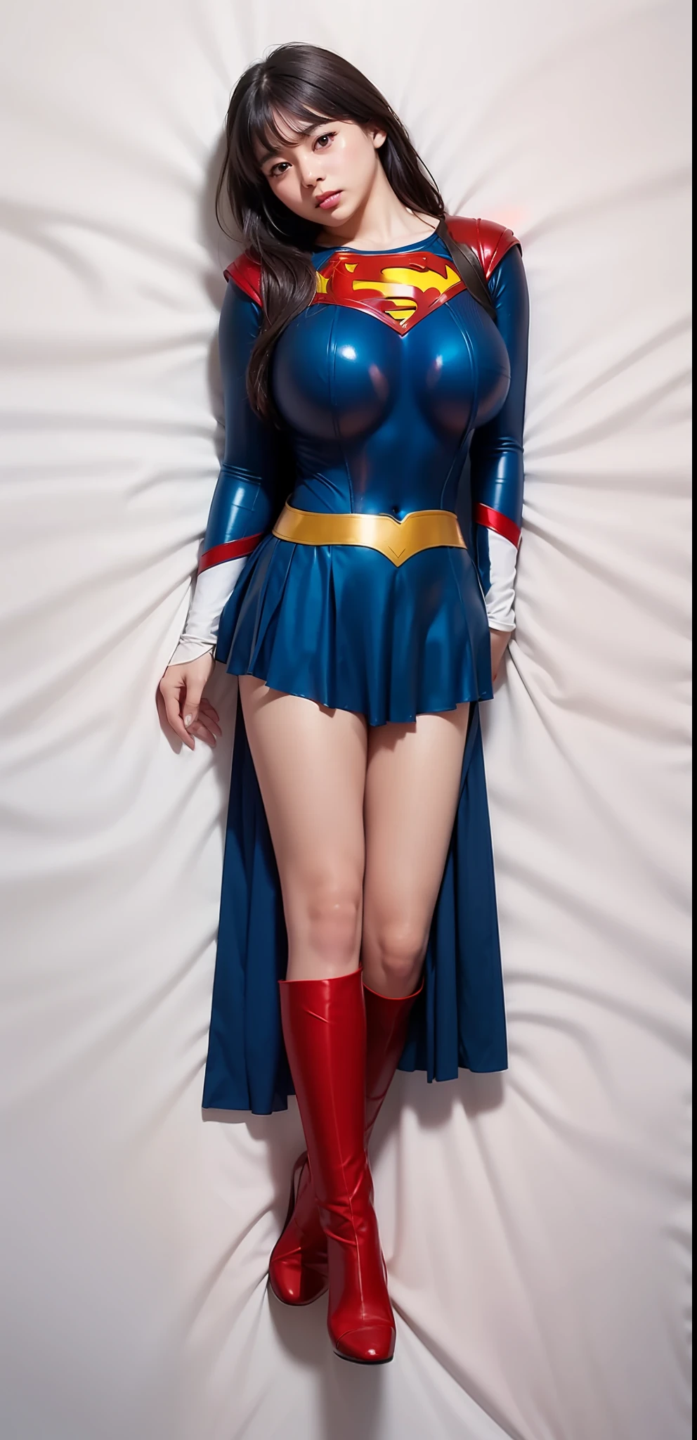 (((Make the most of the original image)))、(((Wear black tights)))、(((Supergirl Costume)))、(((lustrous dark hair)))、(((Suffering)))、(((lying back on)))、(((Black tights)))、((Top image quality、8K))、((top-quality、8K、masterpiece:1.3))、Crisp focus:1.2、Beautiful woman with perfect body shape:1.4、Slender Abs:1.2、((layers-Cut、large boob:1.2))、a wet body:1.5、Highly detailed facial and skin texture、