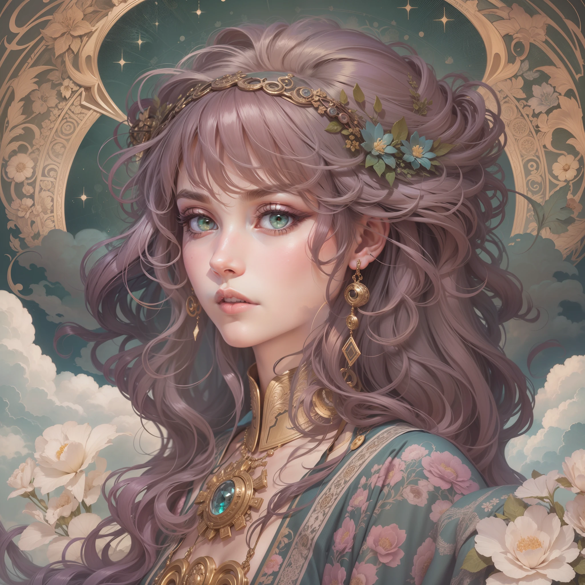 1 girl,woman,Looking down,Solo,The upper part of the body,Green eyes,european woman face portrait,with long coiled hair,Shiny skin, Detailed face, The magic robe is patterned, Sumeru,Clouds, themoon,tarot card layout,Best quality, Masterpiece, (Realistic:0.6), Realistic lighting,Flower frame, Decorative panels, abstract artistic, Alphonse Mucha (tmasterpiece, best qualtiy, A high resolution: 1.4), A detailed, Complicated details, 4K,cerulean, Line art, Fibonacci