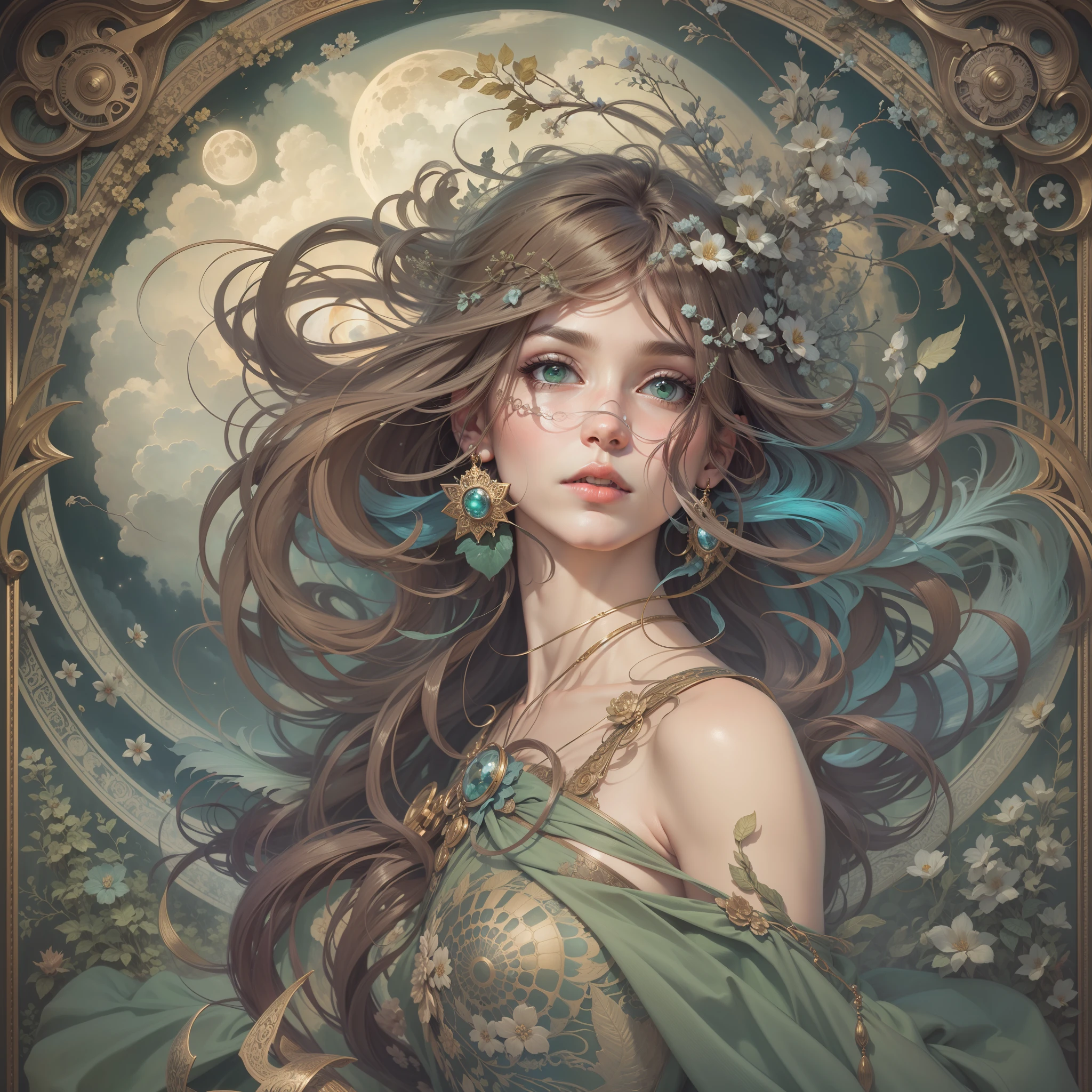 A painting of a woman with long hair and a flower in her hair - SeaArt AI