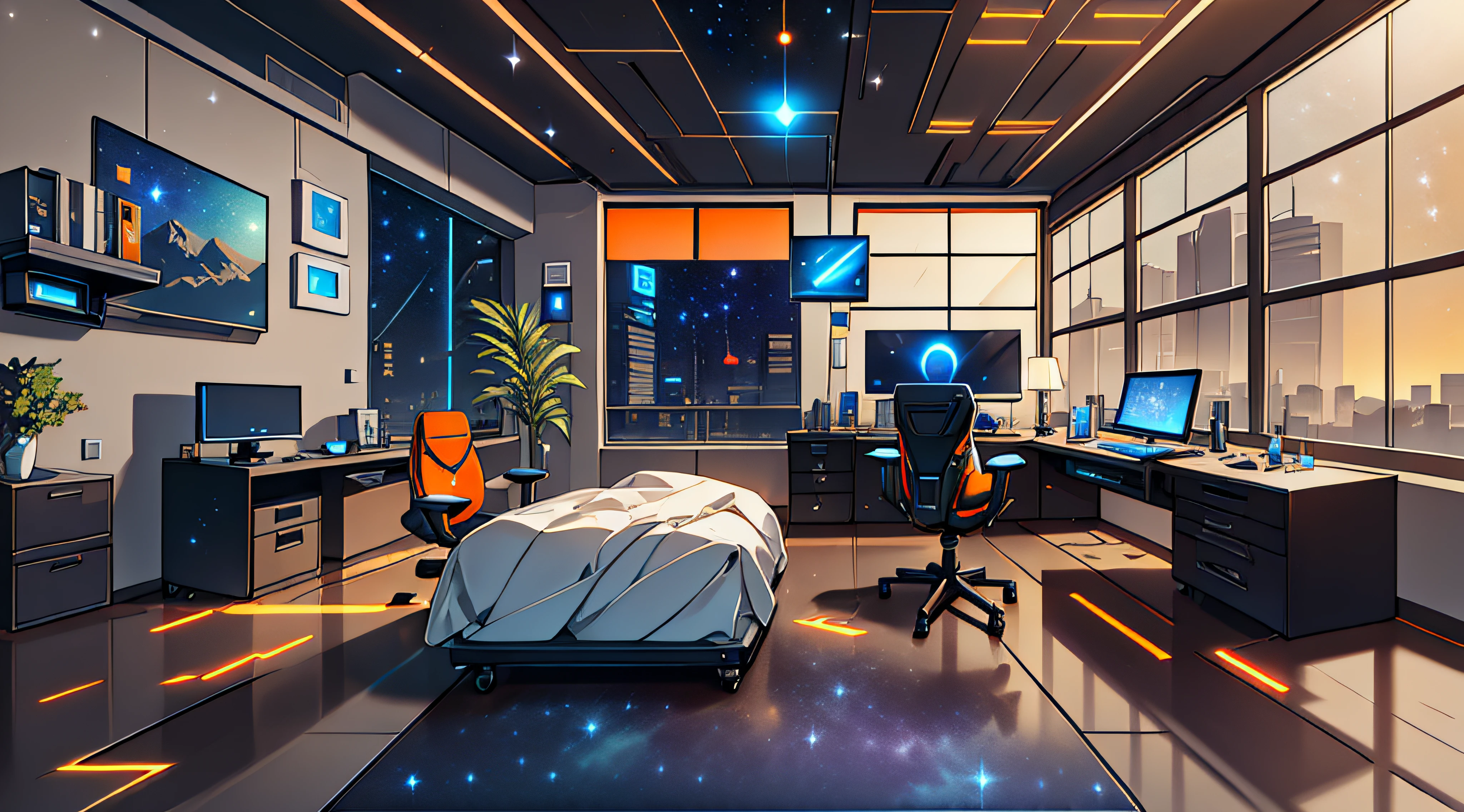 Warm Light Source Cyberpunk Calm Night Tech Bedroom Computer Desk Microphone Light Computer Water Dispenser Small Fluorescent Starry Sky Smooth Floor Fox Deconstructivism Fragmentation Gorgeous Sculpture Floor-to-ceiling windows Light Bed Camera Chair Game Interface Warm Orange Dark Environment Ambilight