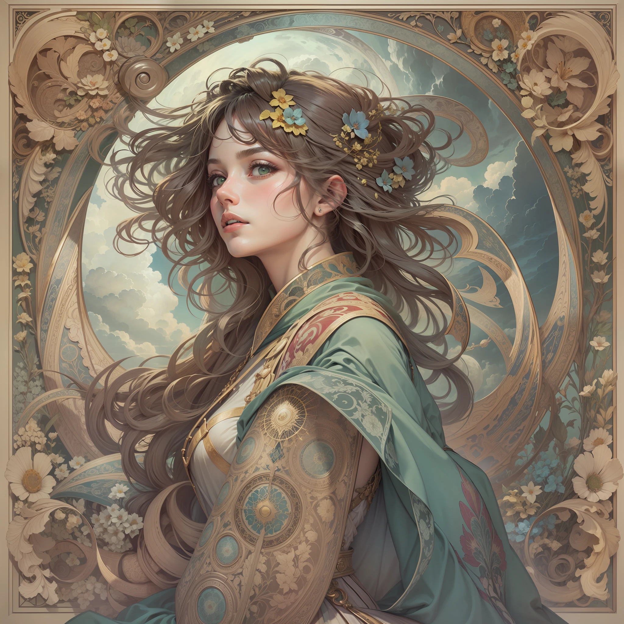 1 girl,woman,Looking down,Solo,The upper part of the body,Green eyes,european woman face portrait,with long coiled hair,Shiny skin, Detailed face, The magic robe is patterned, Sumeru,Clouds, themoon,tarot card layout,Best quality, Masterpiece, (Realistic:0.6), Realistic lighting,Flower frame, Decorative panels, abstract artistic, Alphonse Mucha (tmasterpiece, best qualtiy, A high resolution: 1.4), A detailed, Complicated details, 4K,cerulean, Line art, Fibonacci
