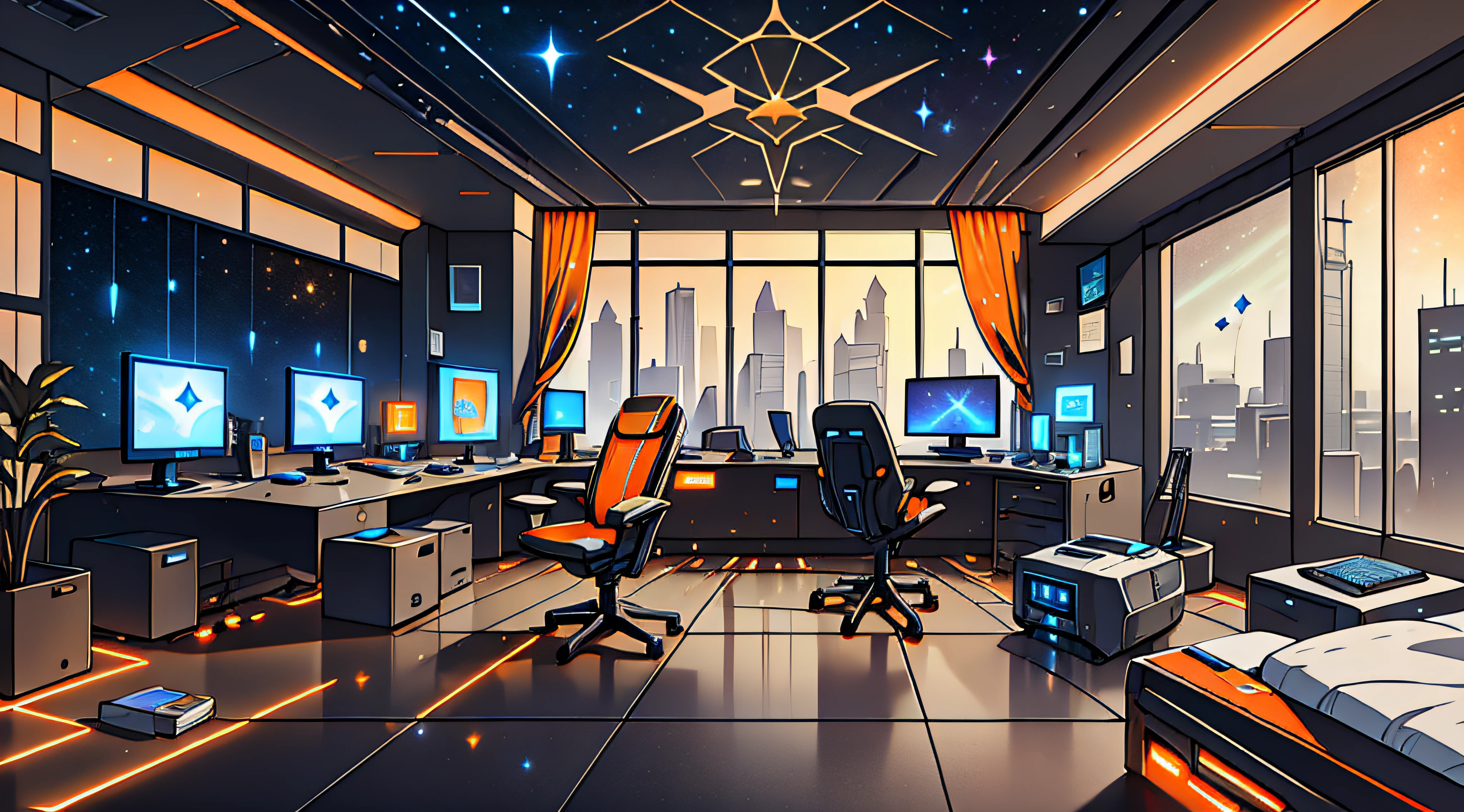 Warm Light Source Cyberpunk Calm Night Tech Bedroom Computer Desk Microphone Light Computer Water Dispenser Small Fluorescent Starry Sky Smooth Floor Fox Deconstructivism Fragmentation Gorgeous Sculpture Floor-to-ceiling windows Light Bed Camera Chair Game Interface Warm Orange Dark Environment Ambilight