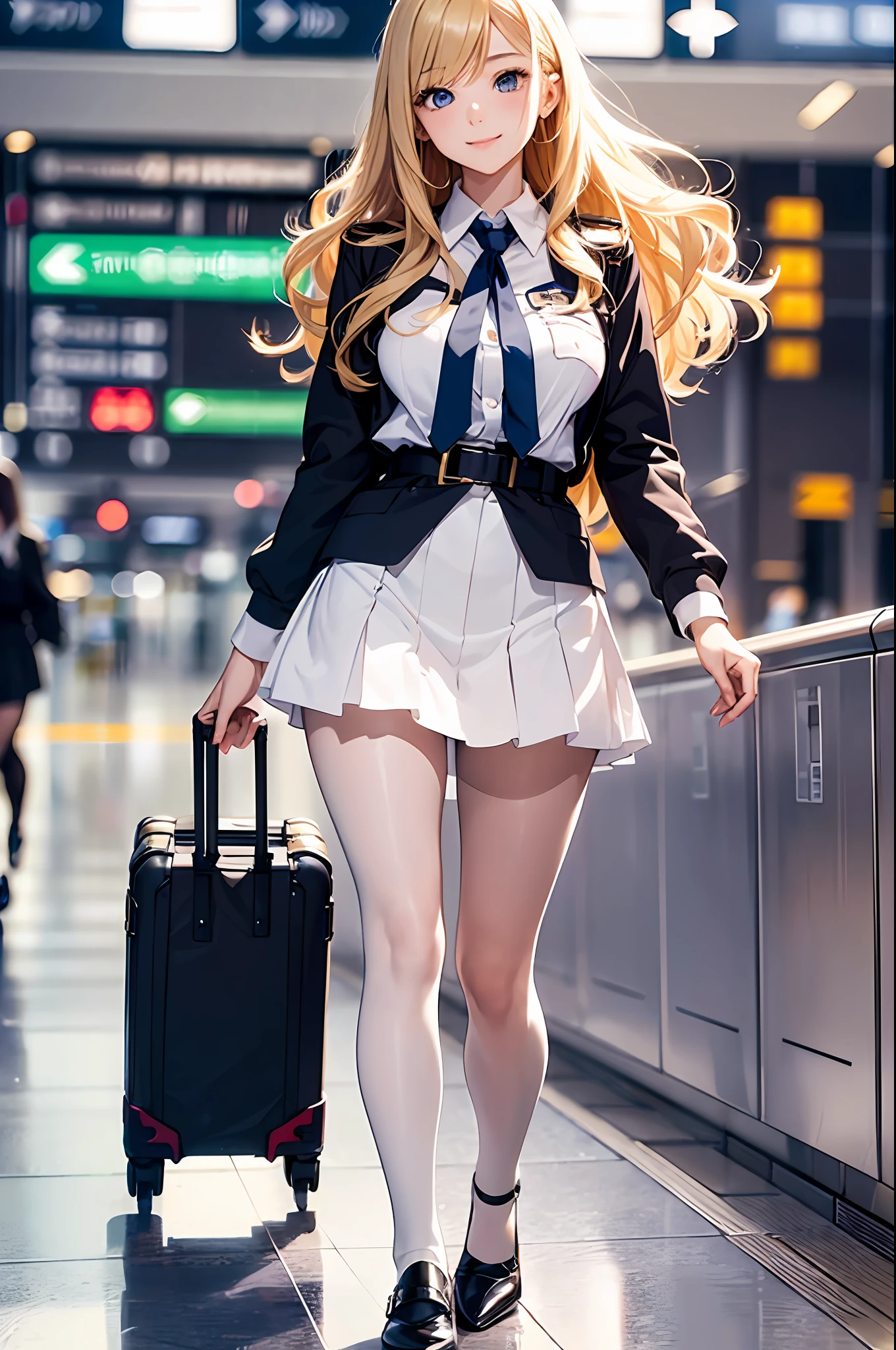 (Best Quality、Unity 8k壁纸、32K、masutepiece、ultra-detailliert、超A high resolution、Impresionismo、Photorealsitic:1.2)、Dynamic lighting、dynamic shot、Detailed 3D rendering、Detailed beautiful face and eyes、A slender、Medium bust、(Full body:1.2)、 Highly detailed background、(airport:1.4)、beauitful face、16-year-old beautiful girl、shiny white skin、Beautiful golden hair、Wavy Hair、Medium Hair、blue eyess、Stewardess uniform、pantyhose、Black shoes、A smile、Carry Case、thighs thighs thighs thighs、