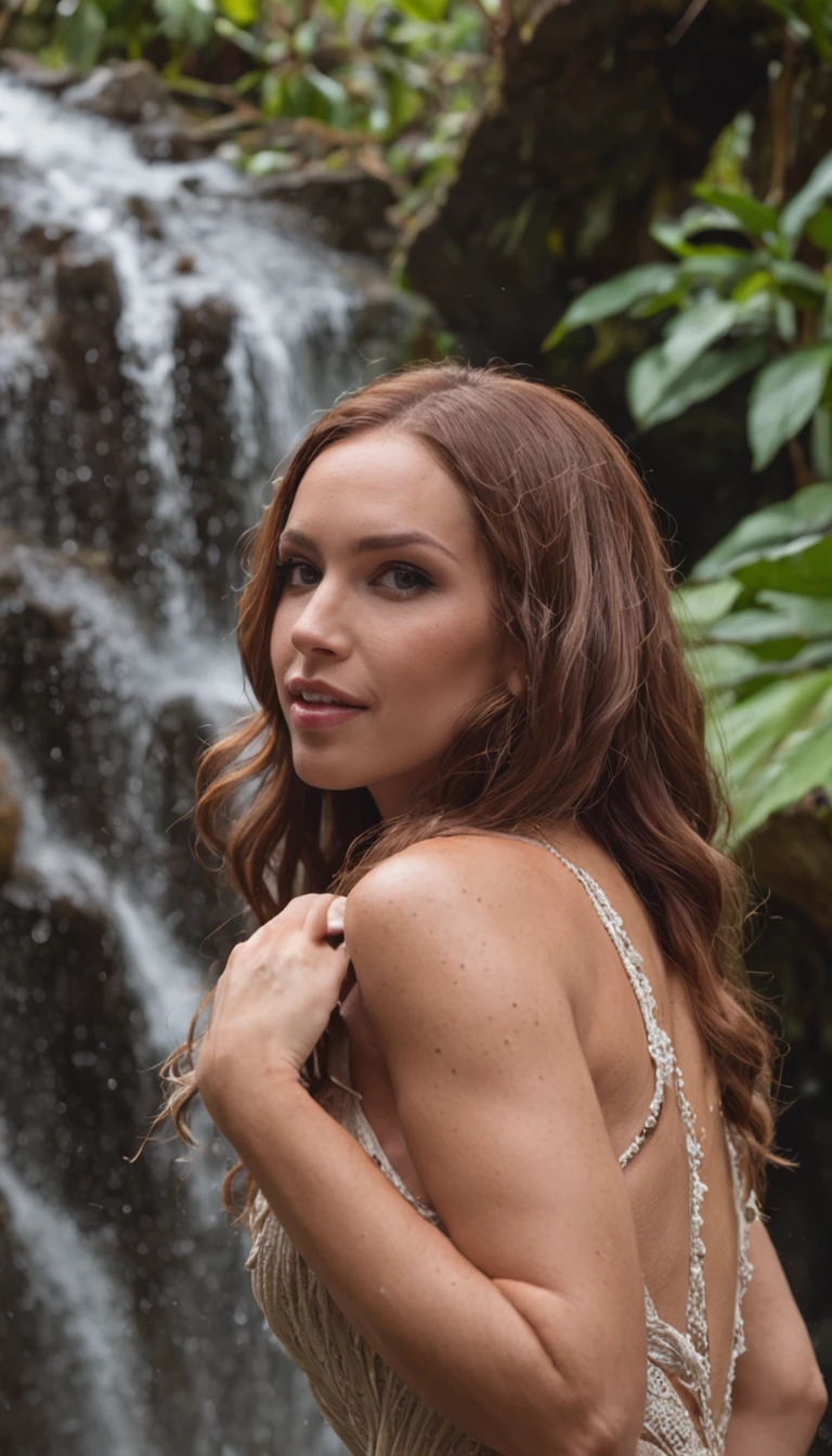 kelly divine, having a light smile on her face, posing naked beautiful 27yo masturbating woman under a waterfall in Maui, NSFW, holding a tiki-wood- in her hand, pushing a natural-stone- into her , licking the tiki-wood- , natural-stone- in