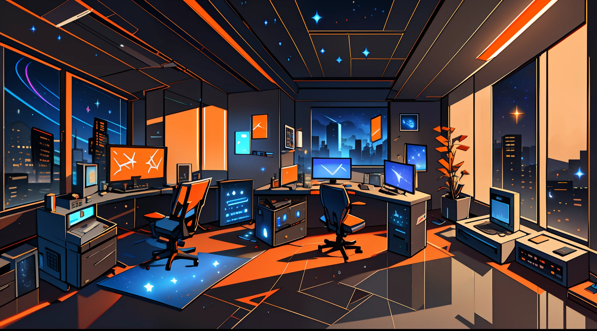 Warm Light Source Cyberpunk Calm Night Tech Bedroom Computer Desk Microphone Light Computer Water Dispenser Small Fluorescent Starry Sky Smooth Floor Red Fox Deconstructivism Fragmentation Gorgeous Sculpture Floor-to-ceiling windows Light Bed Camera Chair Game Interface Warm Orange Dark Environment Ambilight