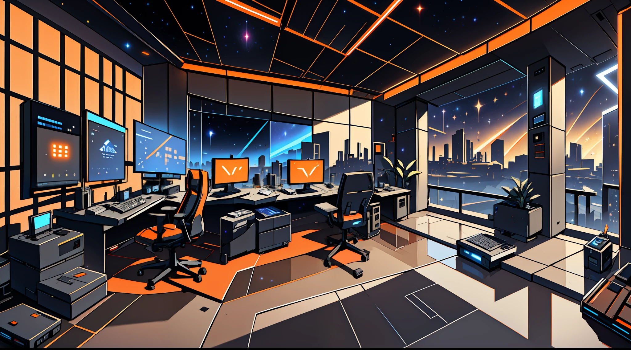 Warm Light Source Cyberpunk Calm Night Tech Bedroom Computer Desk Microphone Light Computer Water Dispenser Small Fluorescent Starry Sky Smooth Floor Red Fox Deconstructivism Fragmentation Gorgeous Sculpture Floor-to-ceiling windows Light Bed Camera Chair Game Interface Warm Orange Dark Environment Ambilight