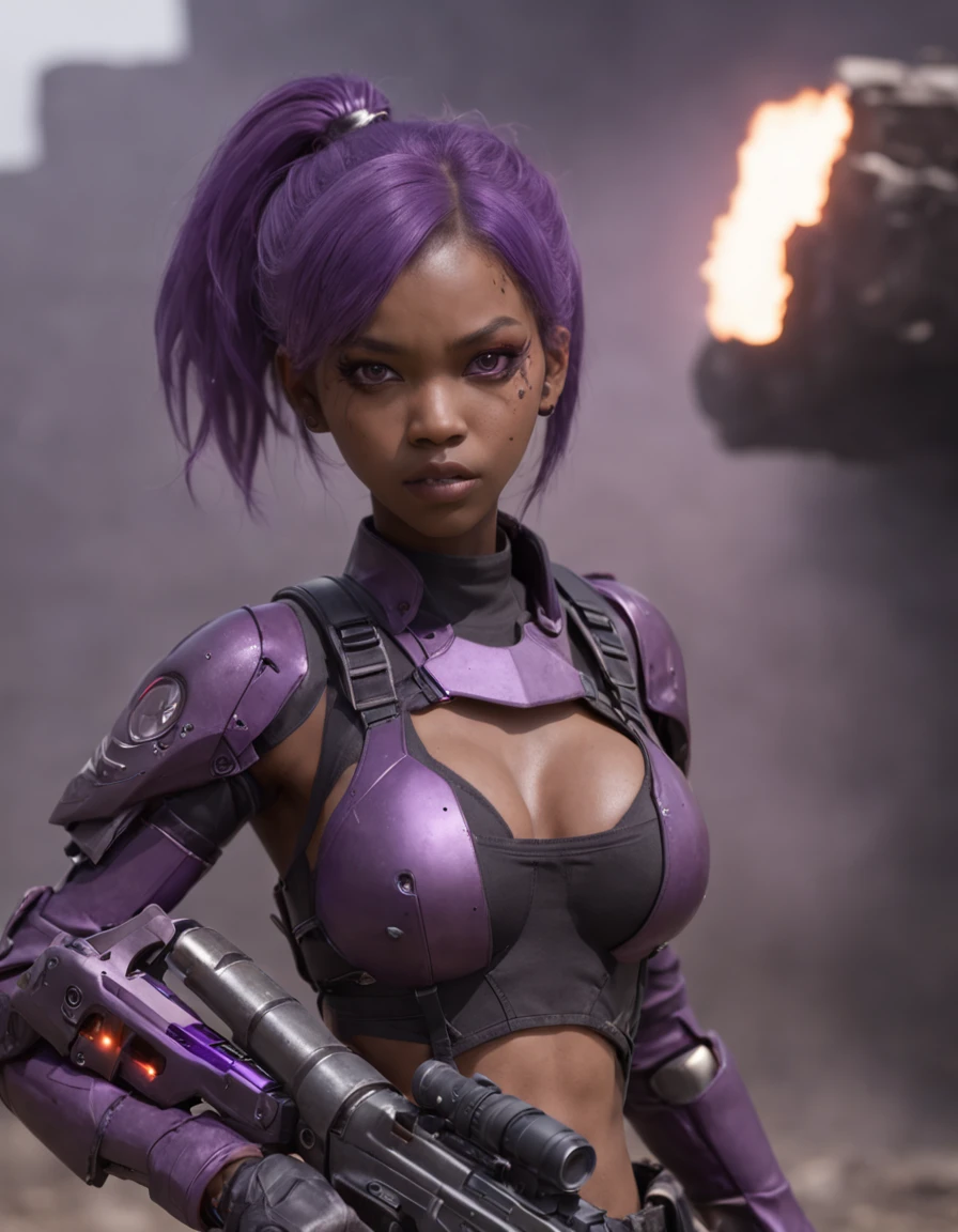REALISTIC ANIME STYLE, JAPANESE ANIME, REAL ANIME, RAGE UNLEASHED, ANGRY, african american youg girl cyborg soldier with PURPLE GRENADES, GRENADES BELT, DARK PURPLE PIG TAILS, glowing purple eyes, CHAINSAW, heavy mecha armor, cybernetic, cyberpunk Assasin, on planet venus, wasteland, apocalypse, barren venus planet, cinematic, volume lighting, PURPLE SMOKE EXPLOSION