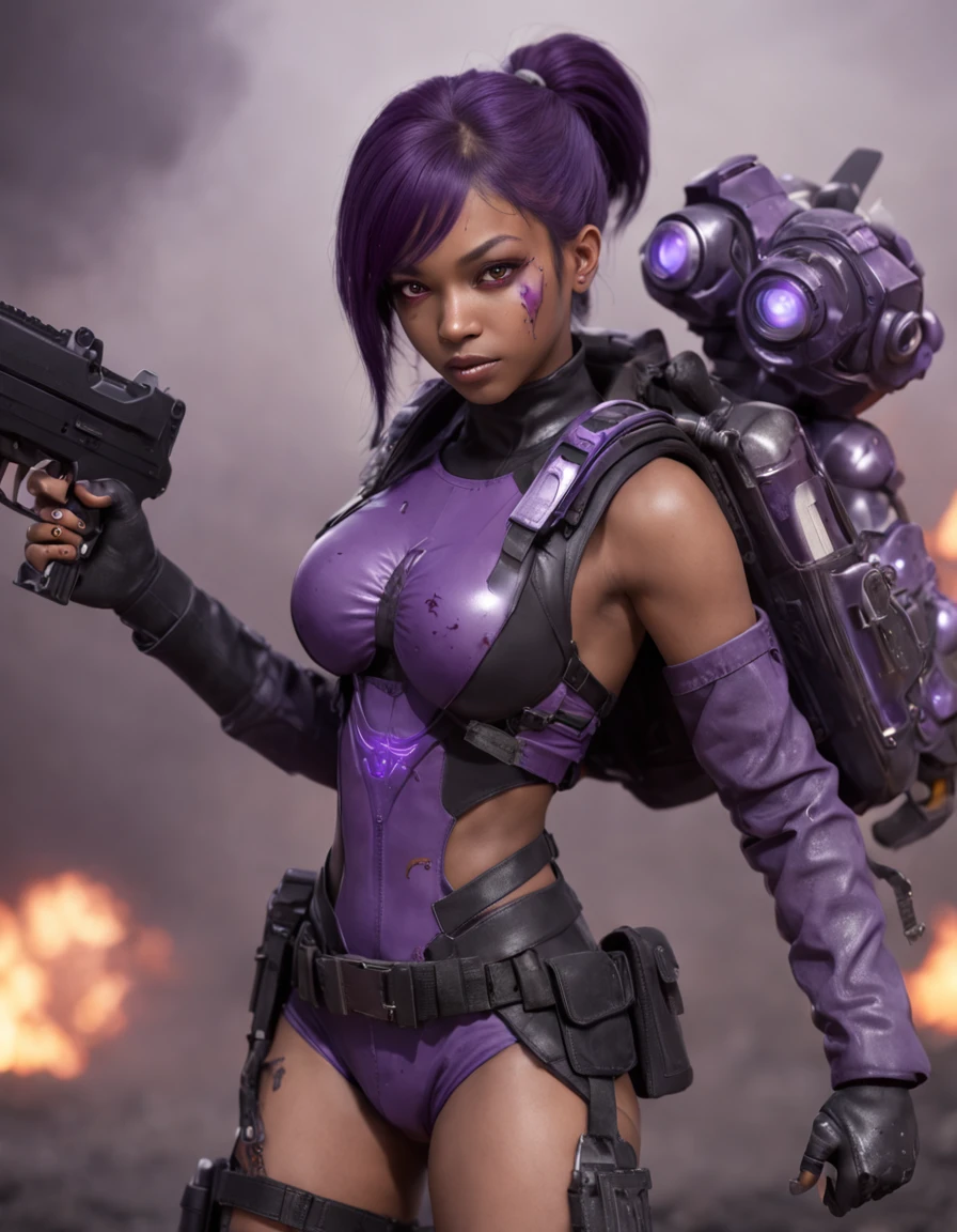 REALISTIC ANIME STYLE, JAPANESE ANIME, REAL ANIME, RAGE UNLEASHED, ANGRY, african american youg girl cyborg soldier with PURPLE GRENADES, GRENADES BELT, DARK PURPLE PIG TAILS, glowing purple eyes, CHAINSAW, heavy mecha armor, cybernetic, cyberpunk Assasin, on planet venus, wasteland, apocalypse, barren venus planet, cinematic, volume lighting, PURPLE SMOKE EXPLOSION