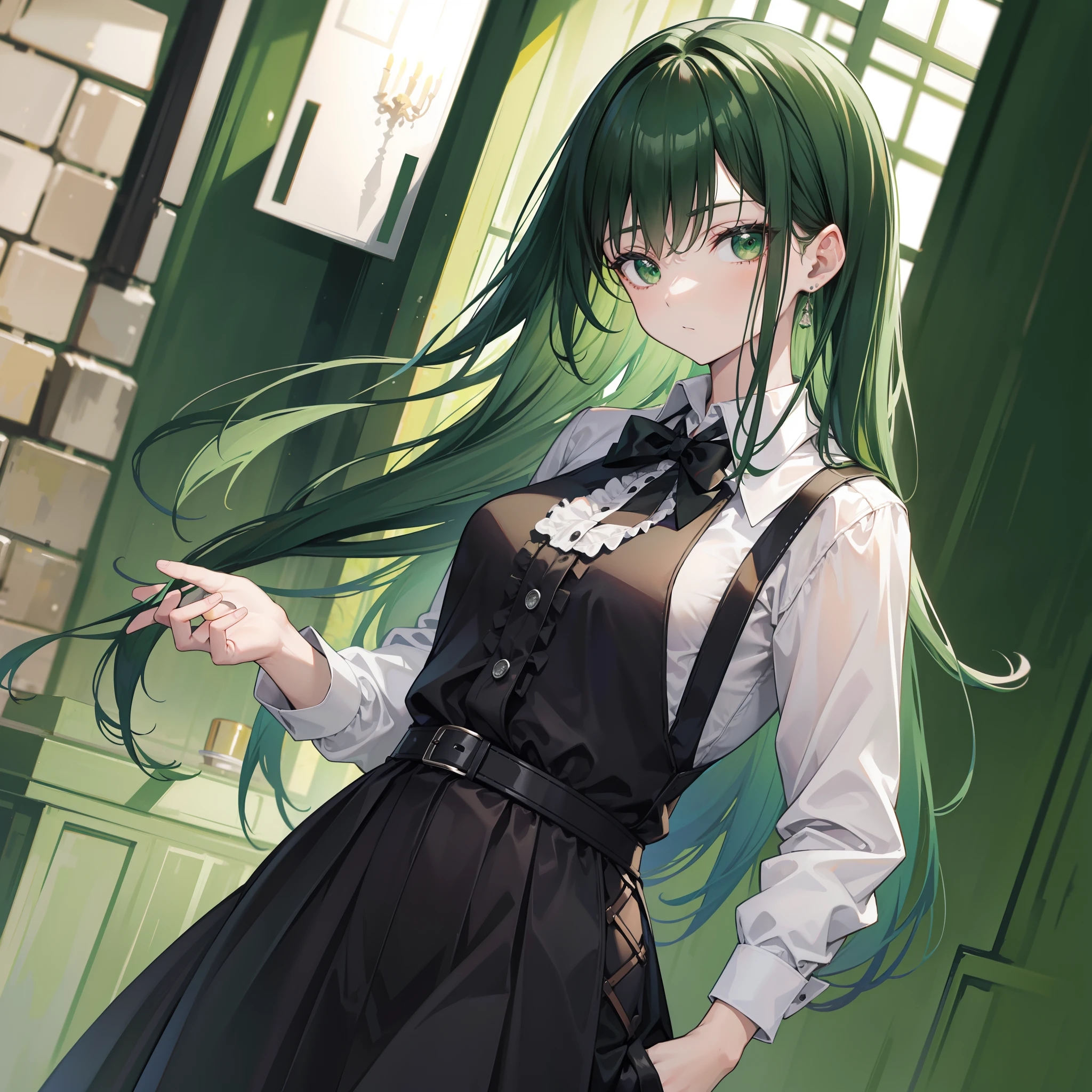 garota, dress shirt with green details, Hands in pockets , lo gothic, cabelo preto pequeno com manchas verdes escuras, retrato, blurry background