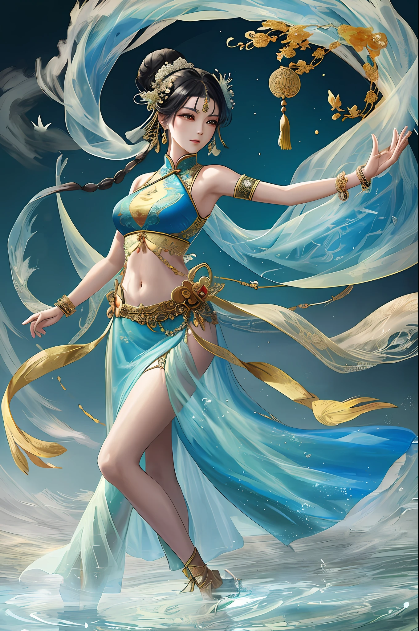 An ancient Chinese beauty stands and dances on the water, gorgeous costumes embroidered with intricate embroidery, flowing tulle, transparent long colorful ribbons tied on the arms, inspired by Dunhuang Flying Apsaras murals, showing navel, bare shoulders, bare neck, Black curly hair in a high bun with flower hairpins, ribbons on arm rings, wreaths, bracelets, anklets, metal chain tassels on the waist, Mogao Grottoes art, ink painting, cgstation pop