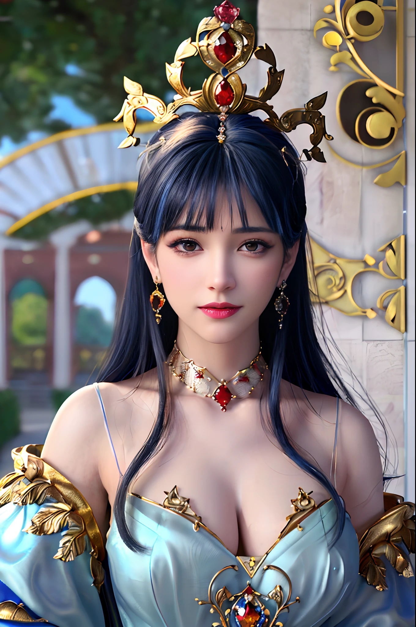 ((Realisticity: 1.2)), ((Best resolution: 8K  UHD)), Best quality,Masterpiece,A high resolution,CG,
((1 Super detailed and super realistic girl)), ((The very beautiful queen is dazzling, Super realistic, and super detailed)),((White skin, Beautiful, smooth, Youthful, Super realistic and super detailed
)), Long hair, ((Super realistic and super detailed dress)), Solo, ((Super realistic, Super beautiful, Gorgeous and ultra-detailed jewelry)), ((Super beautiful, Super realistic and super detailed crimson and gold dress)),
((Super beautiful, Super realistic, Ultra-fine diamond-filled earrings)),
  ((Super beautiful, Super realistic and super detailed diamond filled hair accessories)), ((Super beautiful upper body, Super beautiful, Super realistic and super detailed)), ((Big breasts: 2.5)), 
((Super Big, Super realistic and super detailed royal palace background))
((Super beautiful, Super beautiful, Super realistic and super detailed bun)), ((Super beautiful, Super realistic and super detailed blue hair)),
candid, photographed, high resolution, 8K,Bokeh,