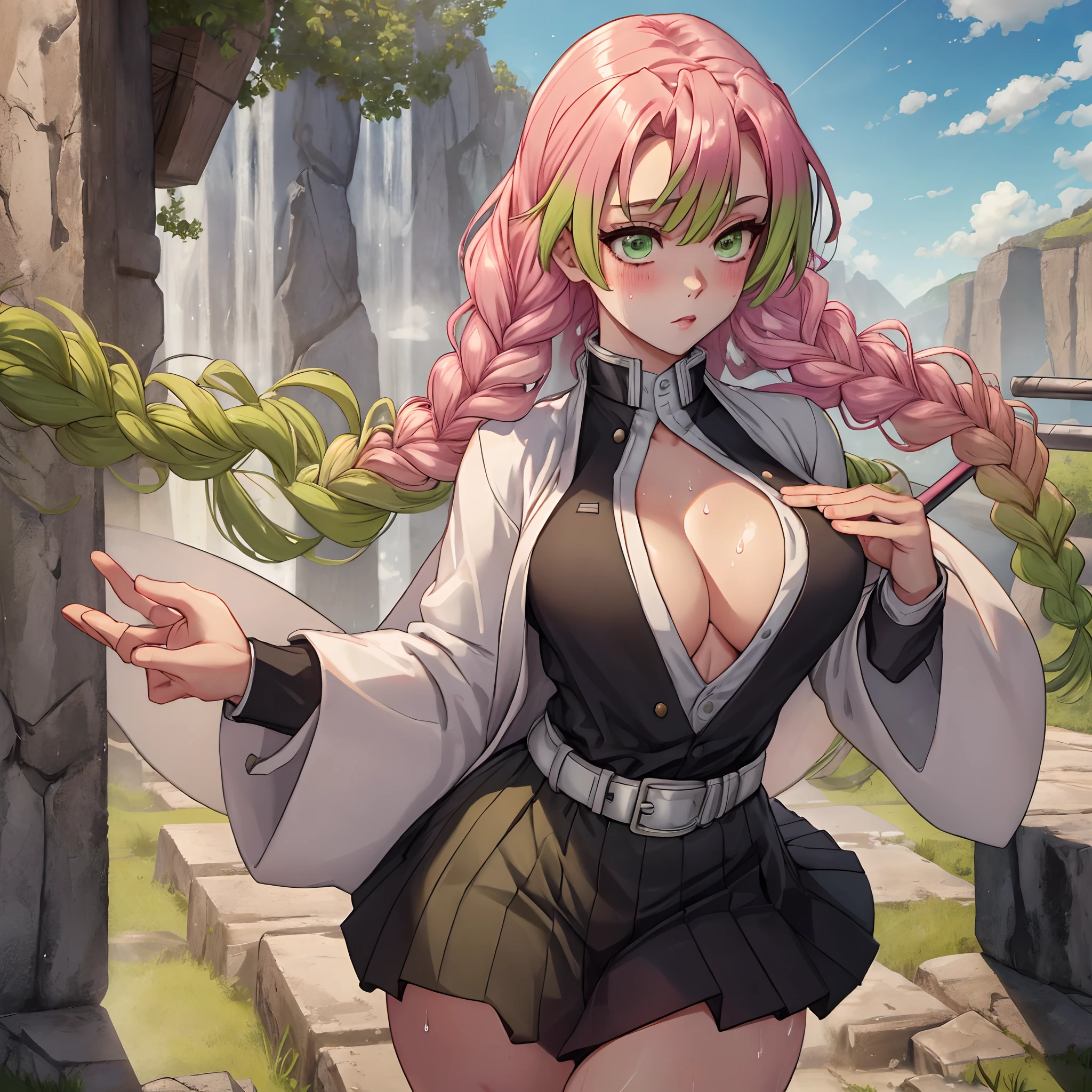 beautiful, (best quality, masterpiece, super detailed: 1.5), perfect lighting, shiny, hires, nature, cobblestone, steam, blue sky, in the distance, whole body, face focus, 1girl, Mitsuri (demon slayer), beautiful girl, beautiful face ((Mitsuri (demon slayer))), a girl with long green-pink gradient hair and green eyes in a long-sleeved jacket with a neckline, white haori, a black skirt with a silver belt and green striped hips,   pink hair, green hair, gradient hair, multicolored hair, long hair, bangs, double braids, green eyes, demon slayer uniform, long sleeve jacket, white haori, black skirt, silver belt, green striped thighs, blush, sweat, realistic, chest, wide hips, (thick barbells: 0.9), décolleté, standing, hands behind your back, viewer look, erotica