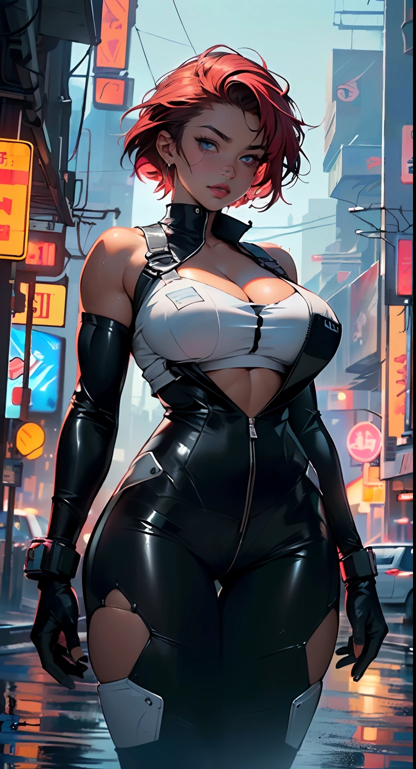 dark skin,very dark skin,dark_skin,
mechanical girl,(1girl: 1.3),((1 black girl with extremely cute and beautiful red hair)),((((black race)))),

(big breasts: 1.4),sagging breasts,(((short red hair: 1.35,cropped,redhead,very short hair)),((heterochromia:1.5,eye1 red,eye2 white,perfect eyes,rolled eyes up: 1.3,beautiful detailed eyes,finely detailed beautiful eyes: 1,big highlight on eyes: 1.2)),(fat: 1.2),(((black skin,dark skin woman,dark skin: 1.3,skin of ebony,lustrous skin: 1.5,shiny skin: 1.5,tan skin,shiny skin,very shiny skin,shiny body,plastic shiny skin,exaggerated shiny skin,illuminated,skin, wet legs))),(spider lower abdomen,narrow waist,wide hip ,athletic body,inflated legs,delicate and detailed fingers,hand with only five fingers,detailed body,human hands,(detailed face)),(((muscle legs,muscular thighs,muscular girl))),(strong and muscular,bodybuilder,strong body,muscular,feminine and muscular),(huge stature,tall stature,very tall girl),

cute,slutty,sensual,seductive look,seductive,erotic,enchanting,(((nsfw))),

(fitted overalls: 1.3,suit unbuttoned),((mechanical tools on his clothing)),(((huge cleavage))),((goggles on their forehead)),((wet clothes,detailed outfit,detailed clothes)),

(dynamic pose:1.0),embarrassed,(centered,scale to fit dimensions,Rule of thirds),

((((cyberpunk city by the ocean,huge buildings,neon signs,puddles)))),stormy sky,threatening sky,dark clouds,((synthwave background theme,detailed background : 1.25)),((((night,nice lighting decorations,detailed architecture)))),

(best quality,high resolution,sharp focus,ultra detailed,extremely detailed,extremely high quality artwork,(realistic,photorealistic:1.37),8k_wallpaper,(extremely detailed CG 8k),(very fine 8K CG),((hyper super ultra detailed perfect piece)),flawless,(((masterpiece))),illustration,vibrant colors,(intricate),High contrast,Selective lighting,Double exposure,HDR (High Dynamic Range),Post-processing,Background blur,
