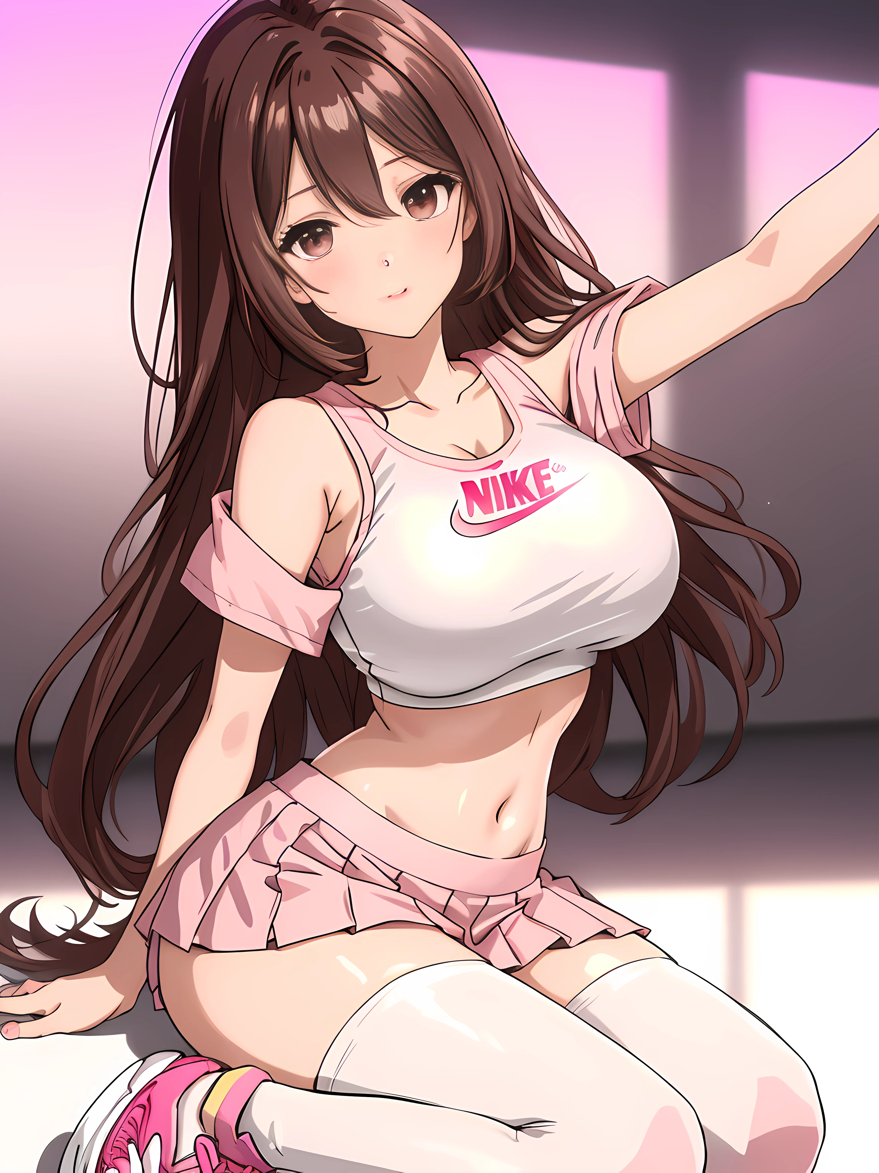 shoulder length messy brown hair, wearing a pink crop top and pink mini skirt with white knee-high leggings and Nike sneakers, long athletic legs, on a basketball court, happy, Beautiful anime style school girl, clean detailed face, intricate clothing, analogous colours, glowing shadows, beautiful gradient, depth of field, clean image, high quality, high detail, high definition, Luminous Studio graphics engine, cute face, big breast, slim waist, nice hips,