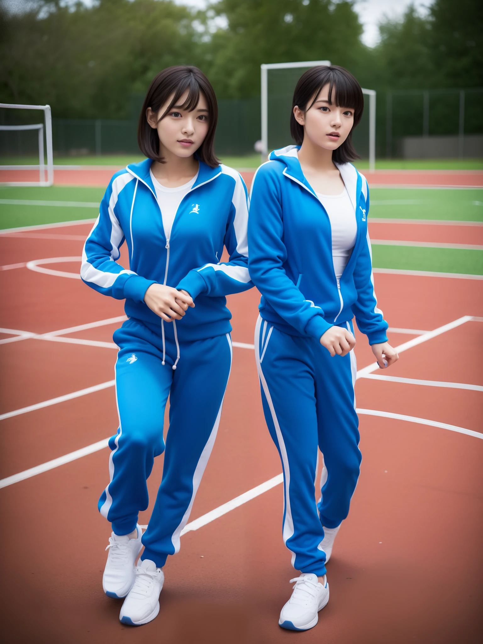 1 very beautiful female high school student,Wear blue and white tracksuits,Play volleyball on the school playground,Super high value,perfect body figure,Beautiful ultra-short hair,Delicate hair,Fair face and skin,There are beads of sweat hanging down,Have fun on the playground,The breasts are full and huge:1.5,Chest hyperexcion,The tracksuit on the chest is high and bulging, Tightness and bulging,Delicate fair and soft toes,detailed finger,Delicate sneakers,fully body photo
