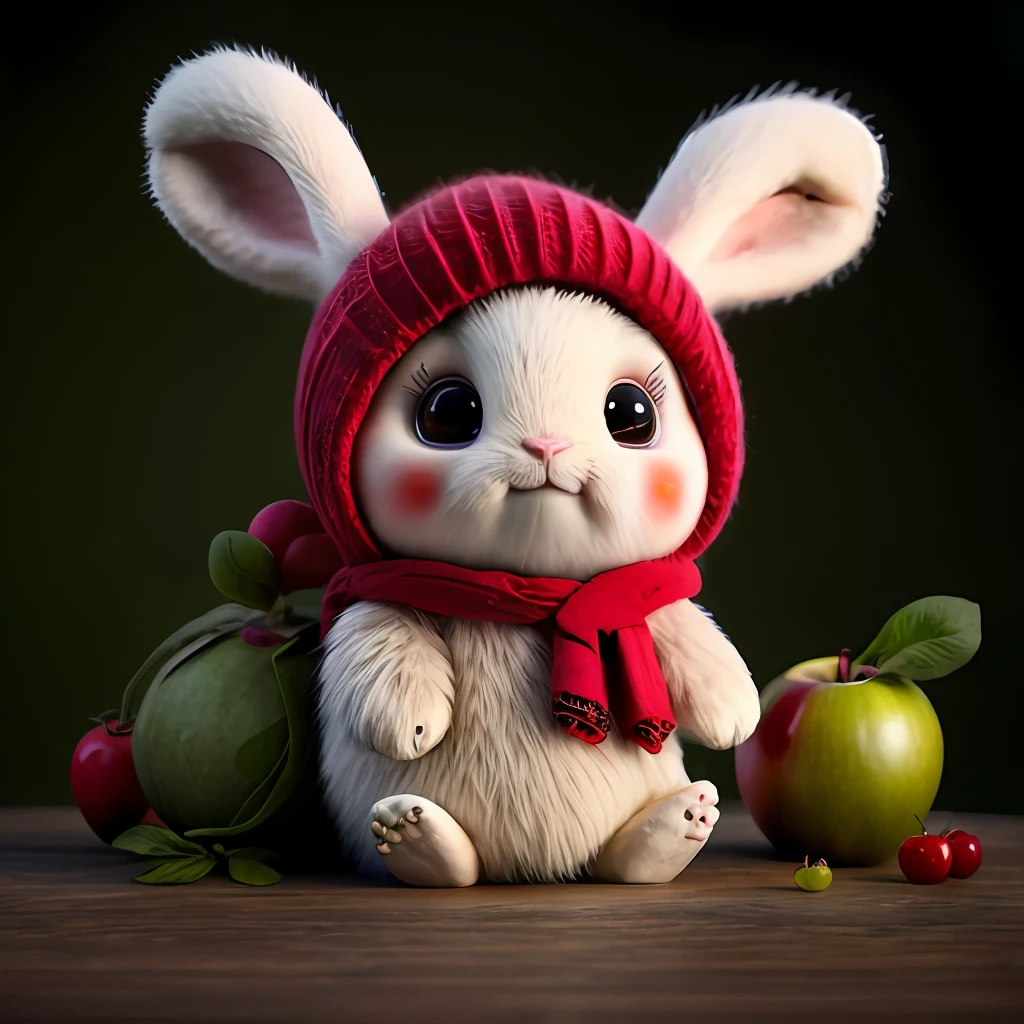 : 3. Rabbit, realistic, hairy, clothed animal, apple, dark circles, blush, cherry, food, fruit, full body, hat, non-human, strawberry, tomato, watermelon