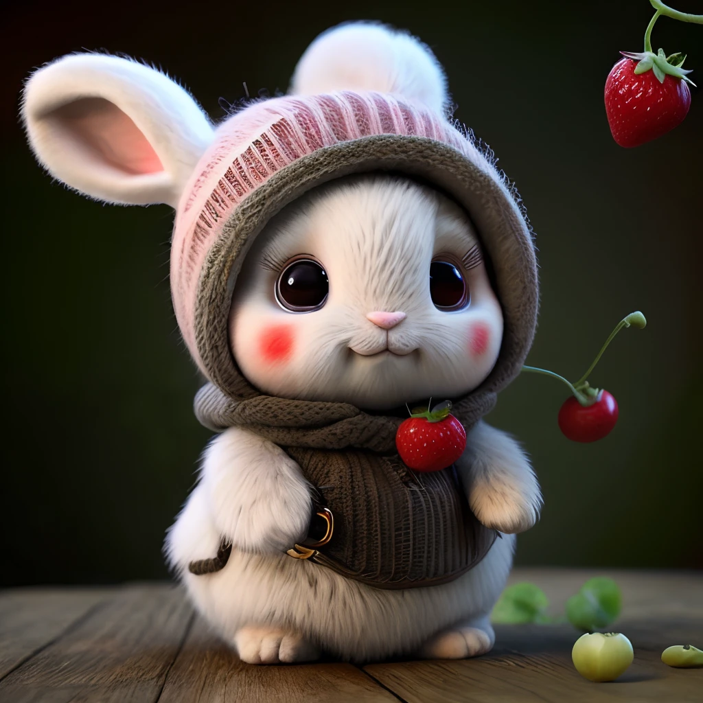 : 3. Rabbit, realistic, hairy, clothed animal, apple, dark circles, blush, cherry, food, fruit, full body, hat, non-human, strawberry, tomato, watermelon