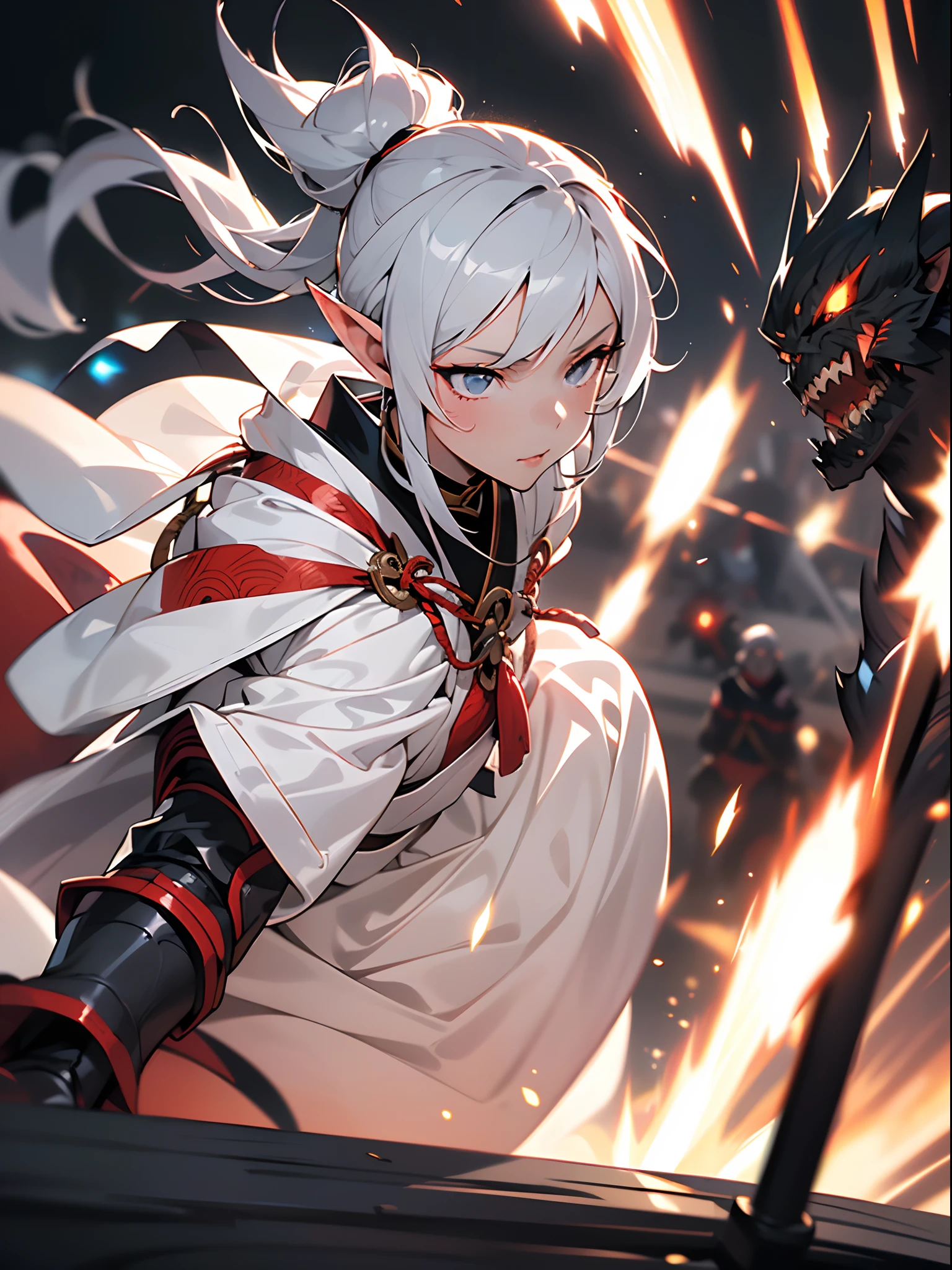 ((jpn)),((Best Quality)),((Beautifully painted)),((hight resolution)),1girl in,Luminescent Beautiful Elf Girl,(((onmyouji))),((suikan)),White cloak,Luminescent bushy silver-haired ponytail,nice hand, Perfect hands,armor,((Fight with black demon monsters in the streets of Tokyo at night)),((Elf girl draws dazzling lines of light with her fingertips)),((Explosive flames flying violently)),(face forcus),((((motion blur)))),(((dynamic angles))),((cinematic lighting))