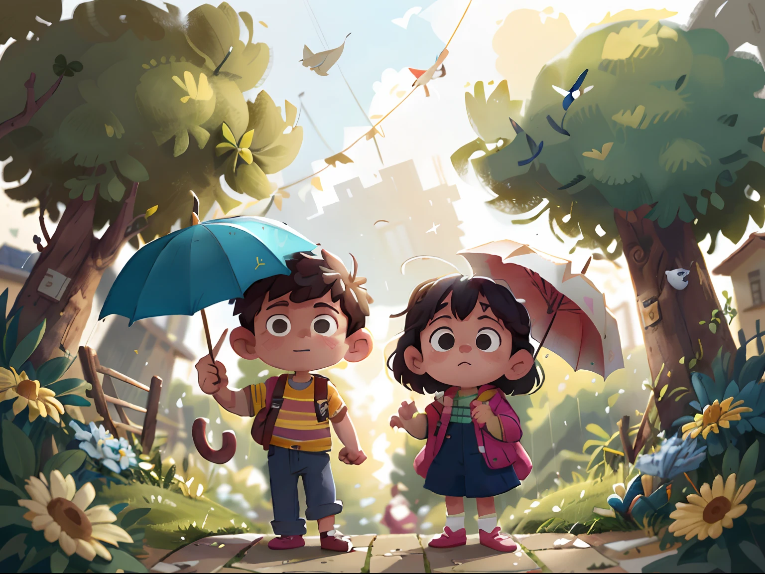 On a windy day, el "Pillipillias" He saw a lady trying to hold her umbrella.. Quickly, Corrieron hacia ella y le ofrecieron ayuda.. Juntos caminaron a casa, Protegiendo a la dama de la lluvia. The twins understood that small gestures of kindness make a difference in people's lives..