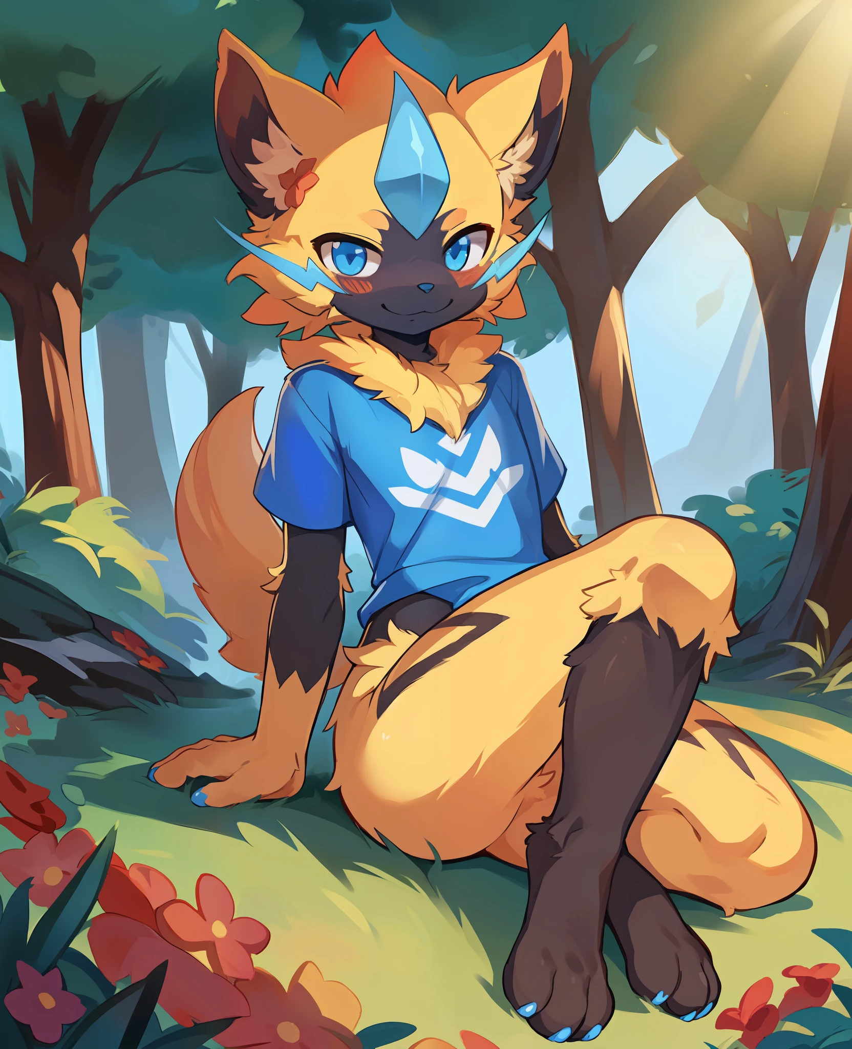 summer, sunlight, day
(forest, park), flower, grass, tree
full_body, zeraora, female, furry, (fluffy | slender body), ((white | blue t-shirt)), blue | soft pawpads, 3_toes
(sitting_on_ground), bright | blue pupils, closed smile, close_mouth, blush | detailed face, facing_viewer
(high_quality, best_quality:1.2), (detaile_background:1.3), (detailed_fur:1.3), (Highly_detailed:1.2), (absurd_res:1.1)
uploaded_on_e621, by_Pino_Daeni, by_Carlo_Galli_Bibiena, by_Bakemonoy, by_Raptoral, by_Ksaiden, by_Foxovh, (by_dagasi:1.3), by_youjomodok
ambient_light, reality_ray_tracing, solo, (front_view), chibi, [yellow | black body_fur]