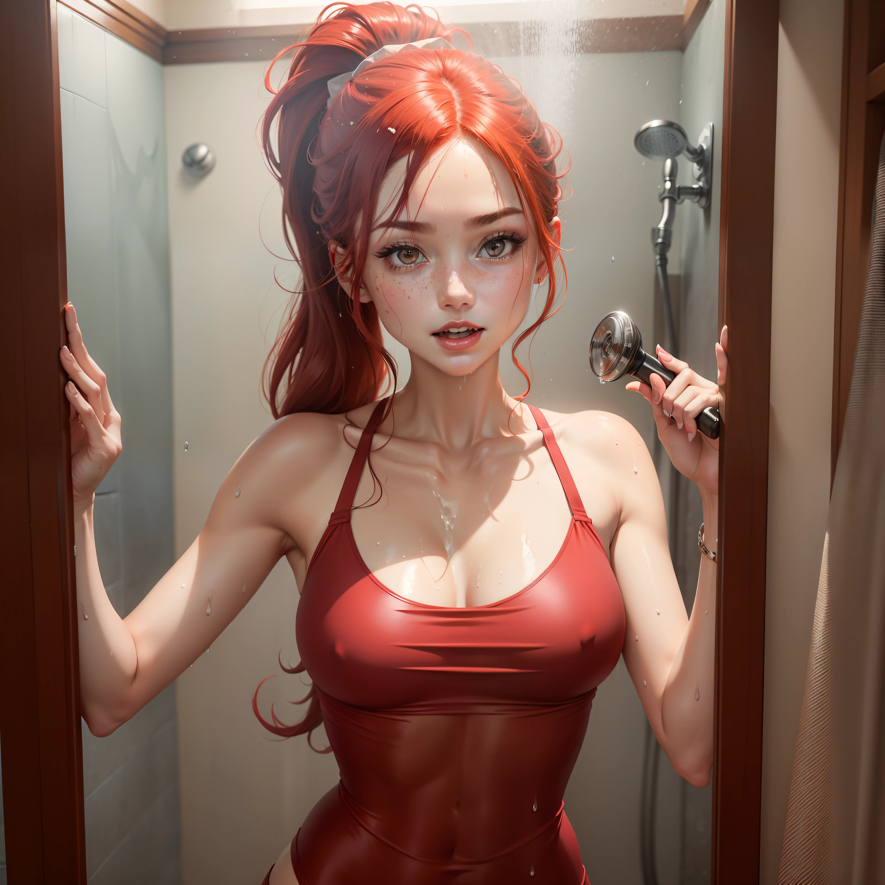 redheadwear,pony tails,Flesh-colored silk translucent underwear,A face with straight features,slim toned body,Straight chest,shift dresses,Beautuful Women,rose petals,浴室,taking a shower,Get wet,damp hair,Get wet,A happy expression,Get wet all over your body,flowingwater,plain face,The whole body is water,nipple bump