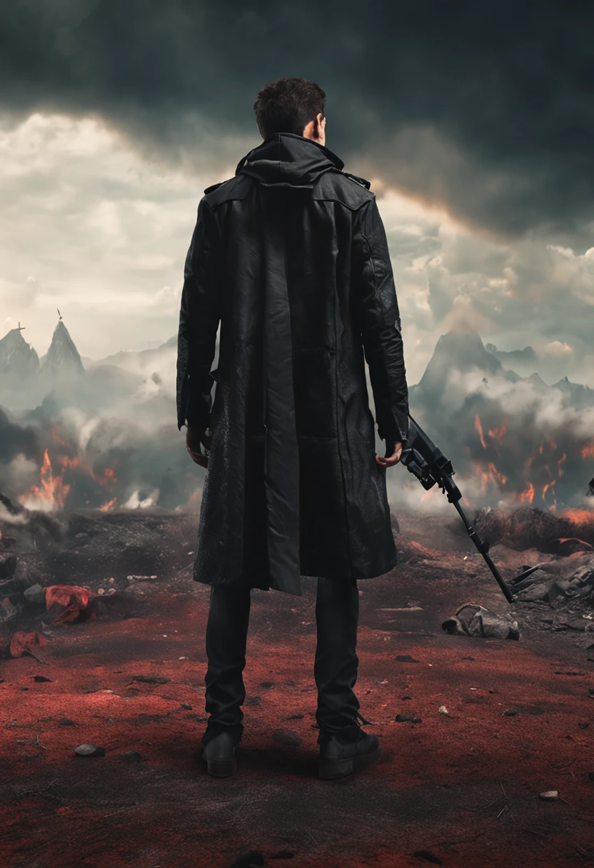 a man standing in front of shadow army, best quality, masterpiece, demonic and dragon army, black jacket, white shirt, black pant