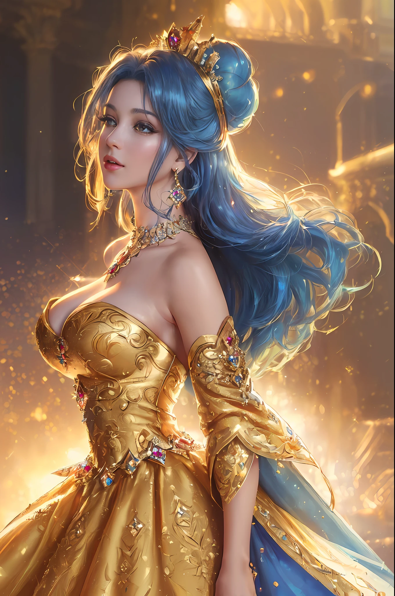 ((Realisticity: 1.2)), ((Best resolution: 8K Ultra HD)), Best quality,Masterpiece,A high resolution,CG,
((1 Super detailed and super realistic girl)), ((The very beautiful queen is dazzling, Super realistic, and super detailed)),((White skin, Beautiful, smooth, Youthful, Super realistic and super detailed
)), Long hair, ((Super realistic and super detailed dress)), Solo, ((Super realistic, Super beautiful, Gorgeous and ultra-detailed jewelry)), ((Super beautiful, Super realistic and super detailed crimson and gold dress)),
((Super beautiful, Super realistic, Ultra-fine diamond-filled earrings)),
((Super beautiful, Ultra-realistic and ultra-detailed diamond-filled hair accessories)), ((Super beautiful upper body, Super beautiful, Super realistic and super detailed)), ((Big breasts: 2.5)),
((Super big, Super realistic and ultra-detailed royal palace background))
((Super beautiful, Super beautiful, Super realistic and detailed buns)), ((Super beautiful, Super realistic and super detailed blue hair)),
candid, photographed, high resolution, 8K,Bokeh,