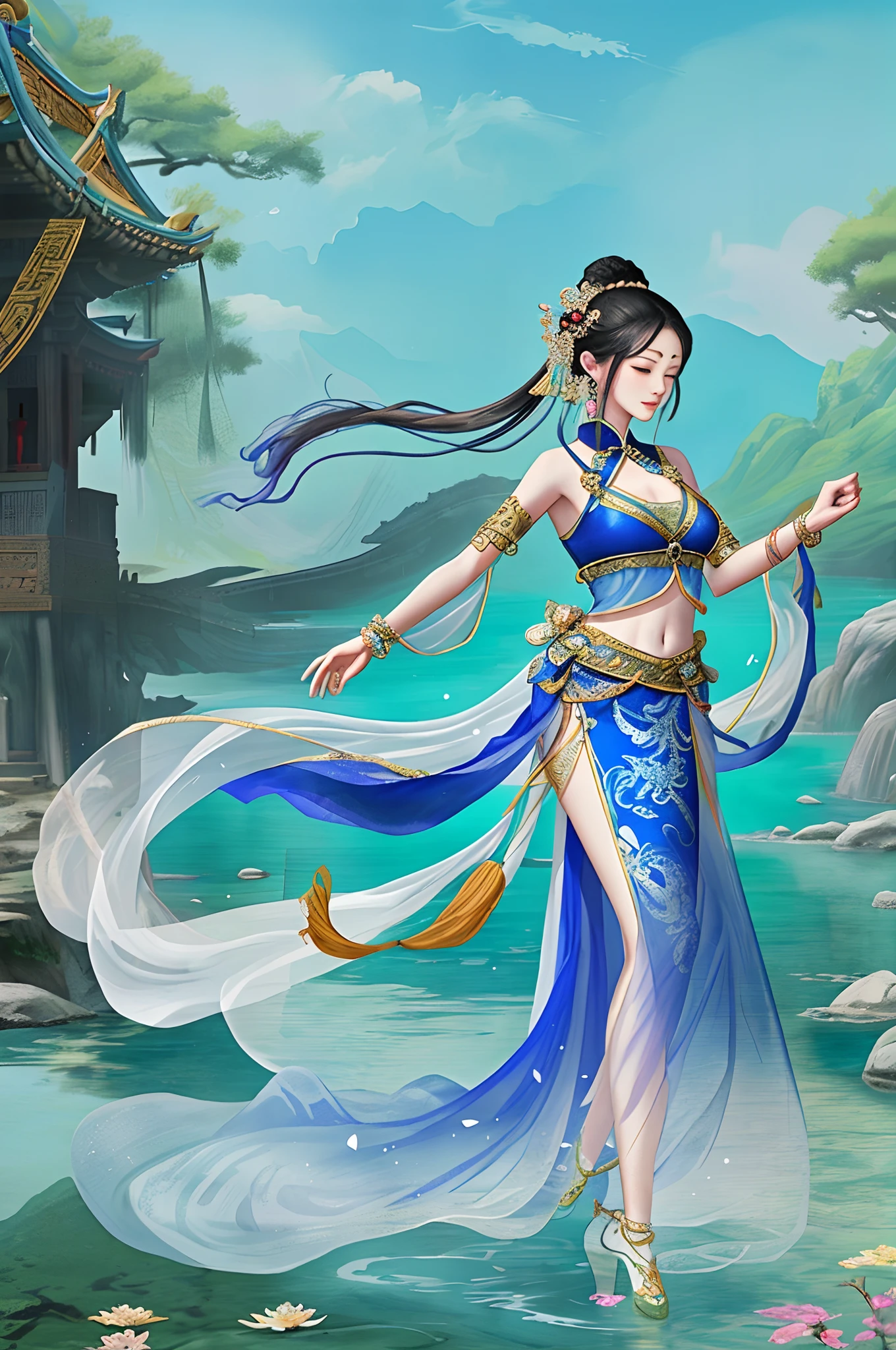 An ancient Chinese beauty stands and dances on the water, gorgeous costumes embroidered with intricate embroidery, flowing tulle, transparent long colorful ribbons tied on the arms, inspired by Dunhuang Flying Apsaras murals, showing navel, bare shoulders, bare neck, Black curly hair in a high bun with flower hairpins, ribbons on arm rings, wreaths, bracelets, anklets, metal chain tassels on the waist, Mogao Grottoes art, ink painting, cgstation pop