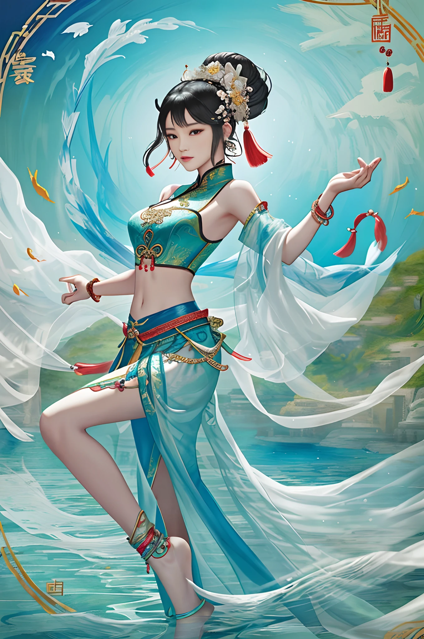An ancient Chinese beauty stands and dances on the water, gorgeous costumes embroidered with intricate embroidery, flowing tulle, transparent long colorful ribbons tied on the arms, inspired by Dunhuang Flying Apsaras murals, showing navel, bare shoulders, bare neck, Black curly hair in a high bun with flower hairpins, ribbons on arm rings, wreaths, bracelets, anklets, metal chain tassels on the waist, Mogao Grottoes art, ink painting, cgstation pop