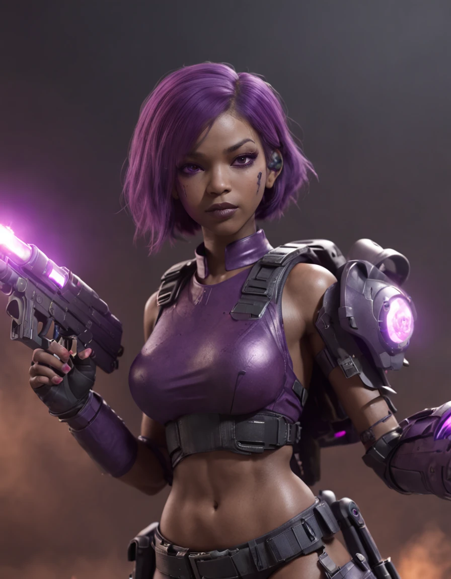 REALISTIC ANIME STYLE, JAPANESE ANIME, REAL ANIME, RAGE UNLEASHED, ANGRY, african american youg girl cyborg soldier with PURPLE GRENADES, GRENADES BELT, HELLO KITTY, DARK PURPLE PIG TAILS, glowing purple eyes, heavy mecha armor, cybernetic, cyberpunk Assasin, on planet venus, wasteland, apocalypse, barren venus planet, cinematic, volume lighting, PURPLE SMOKE EXPLOSION