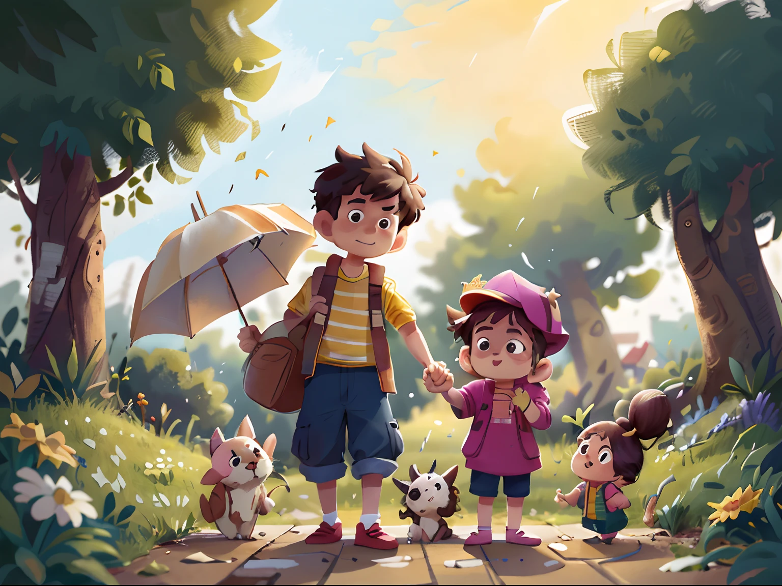 On a windy day, el "Pillipillias" He saw a lady trying to hold her umbrella.. Quickly, Corrieron hacia ella y le ofrecieron ayuda.. Juntos caminaron a casa, Protegiendo a la dama de la lluvia. The twins understood that small gestures of kindness make a difference in people's lives..