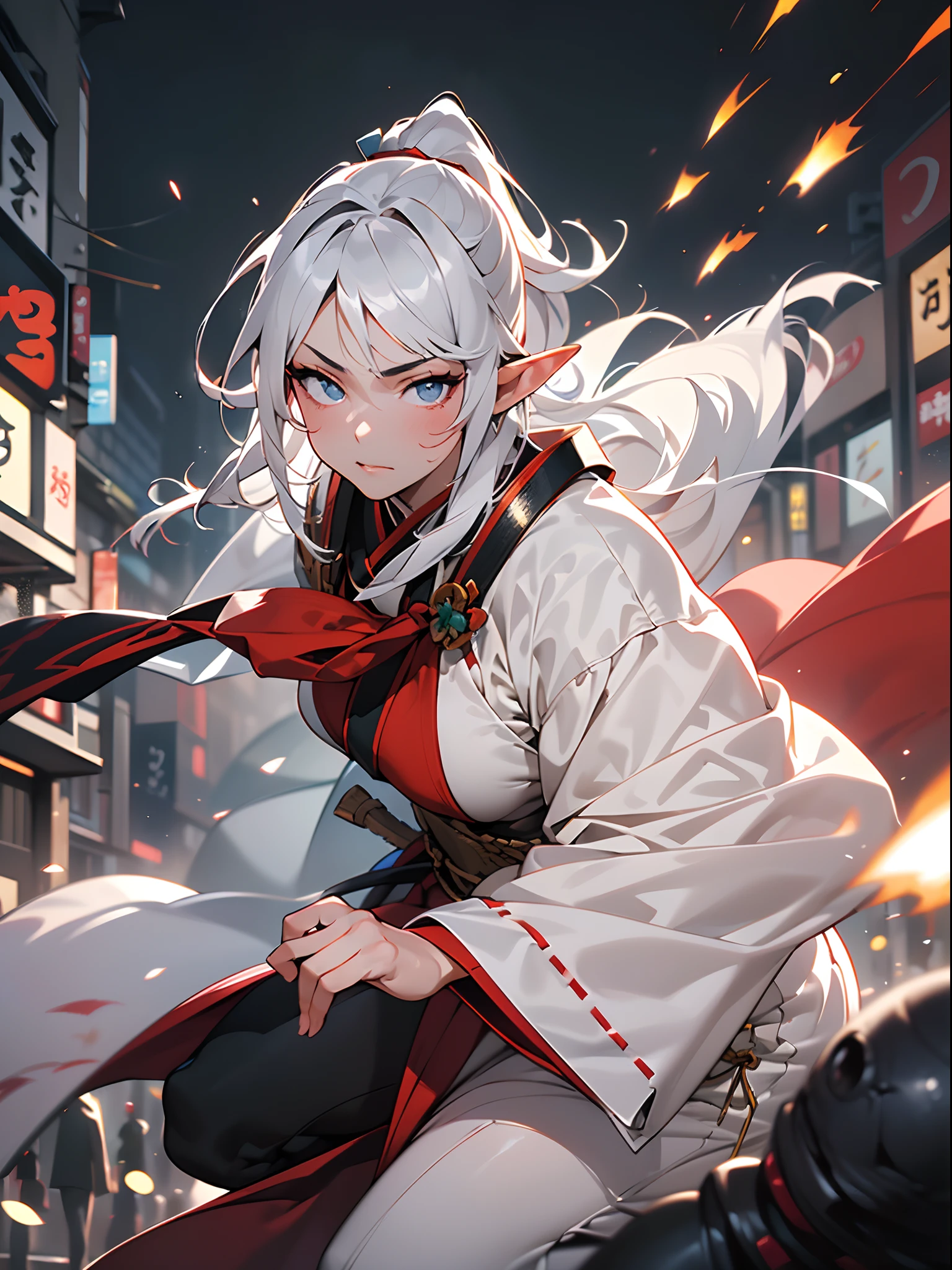 ((jpn)),((Best Quality)),((Beautifully painted)),((hight resolution)),1girl in,Luminescent Beautiful Elf Girl,(((onmyouji))),((suikan)),White cloak,Luminescent bushy silver-haired ponytail,nice hand, Perfect hands,armor,((Fight with black demon monsters in the streets of Tokyo at night)),((Elf girl draws dazzling lines of light with her fingertips)),((Explosive flames flying violently)),(face forcus),((((motion blur)))),(((dynamic angles))),((cinematic lighting))