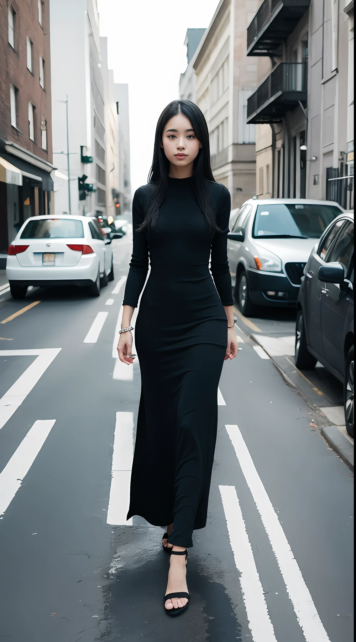 Street photography,black long dress