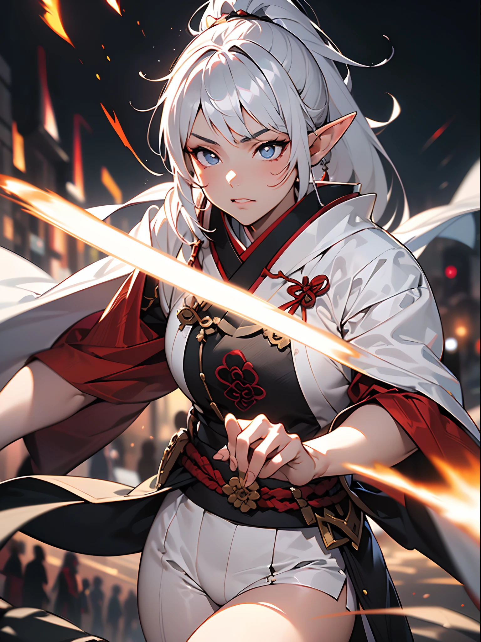 ((jpn)),((Best Quality)),((Beautifully painted)),((hight resolution)),1girl in,Luminescent Beautiful Elf Girl,(((onmyouji))),((suikan)),White cloak,Luminescent bushy silver-haired ponytail,nice hand, Perfect hands,armor,((Fight with black demon monsters in the streets of Tokyo at night)),((Elf girl draws dazzling lines of light with her fingertips)),((Explosive flames flying violently)),(face forcus),((((motion blur)))),(((dynamic angles))),((cinematic lighting))