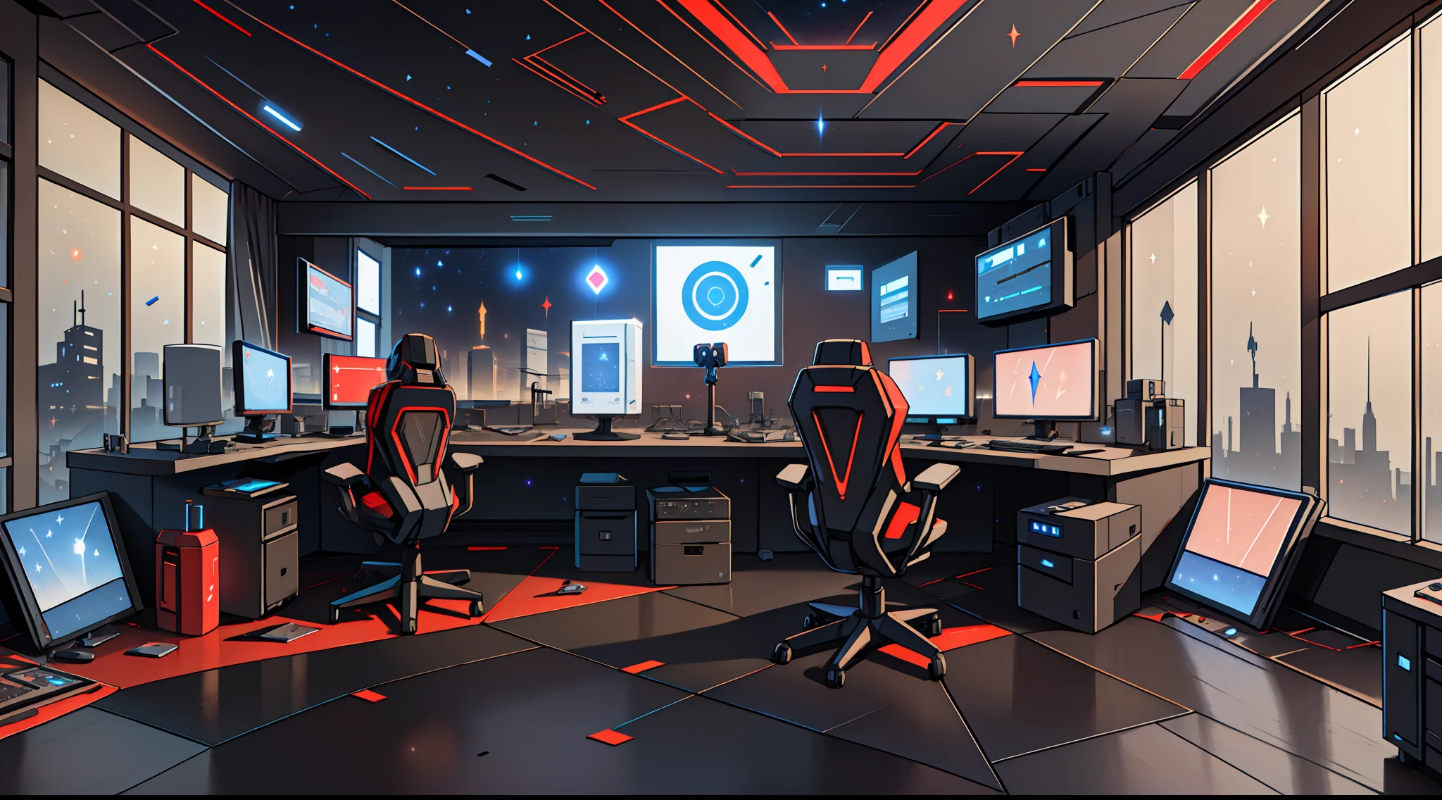 Warm Light Source Cyberpunk Calm Night Tech Bedroom Computer Desk Microphone Light Computer Water Dispenser Small Fluorescent Starry Sky Smooth Floor Red Fox Deconstructivism Fragmentation Gorgeous Sculpture Floor-to-ceiling windows Light bed Camera chair Game Interface Dark Red Dark Environment Ambilight