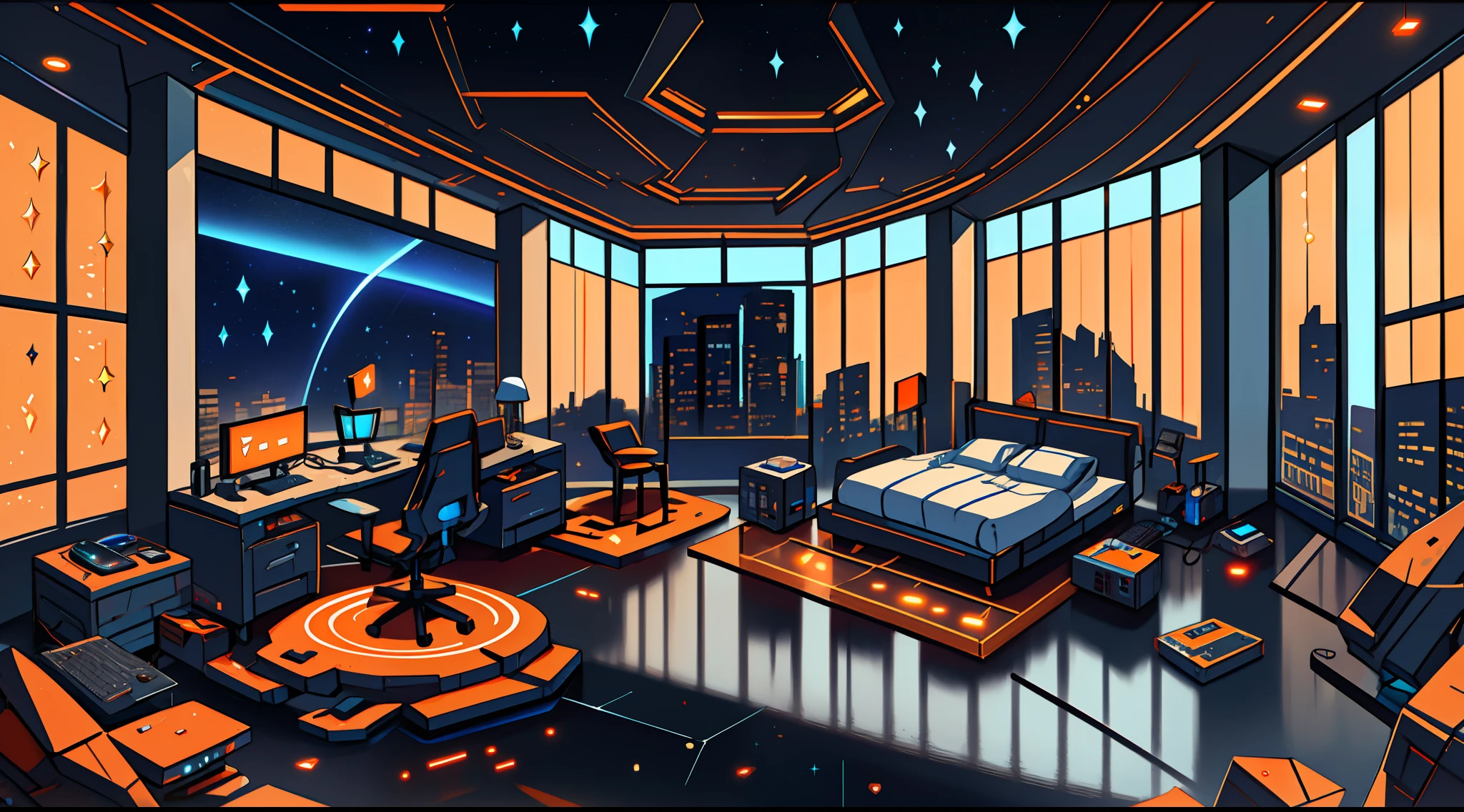 Warm Light Source Cyberpunk Calm Night Tech Bedroom Computer Desk Microphone Light Computer Water Dispenser Small Fluorescent Starry Sky Smooth Floor Red Fox Deconstructivism Fragmentation Gorgeous Sculpture Floor-to-ceiling windows Light Bed Camera Chair Game Interface Warm Orange Dark Environment Ambilight