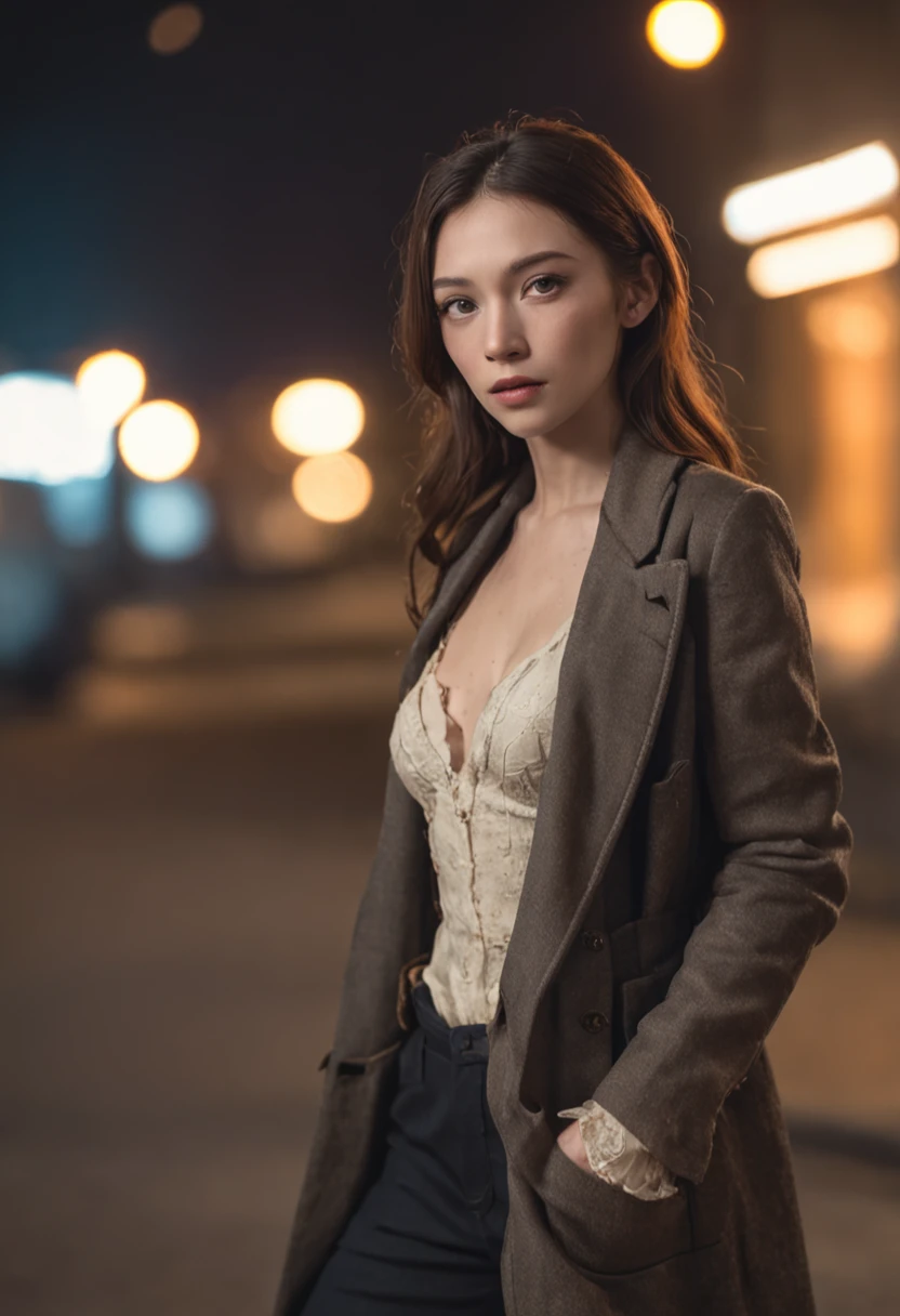 a thin man dressed in old, torn clothes in the corner of a dark alley. There are police cars with sirens on.