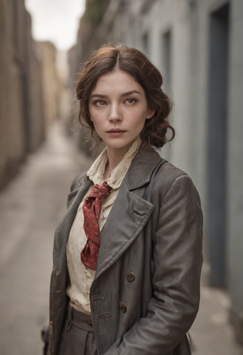a thin man dressed in old, torn clothes in the corner of a dark alley. There are police cars with sirens on.