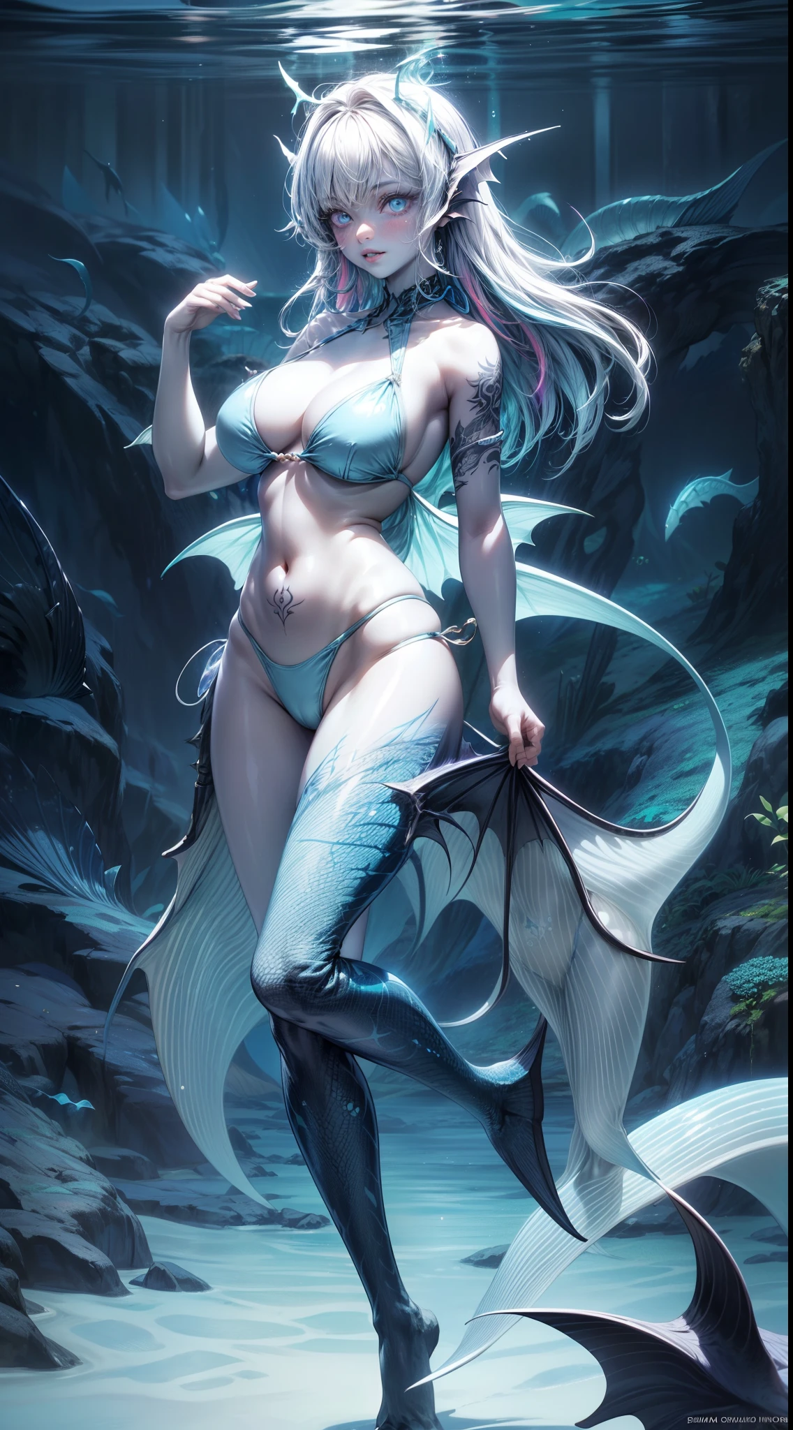 aqua {amphibia|fish|shark|reptile} girl, 1girl, perfect and well designed glowing shiny eyes, (beautiful detailed eyes:1.05), natural breasts, slim body, beautiful and delicate face, (face detail), ((realistic face)), pores, ((pale blue skin)), detailed skin, realistic skin, (((bioluminescence))), (((white-skinned))), ((shiny skin)), ((glowing speckles on skin)), (pointy ears), (fins:1.7), (spikes:1.5), (multicolored gradation skin), ((((blue scales body)))), human face, ((monster girl)), medium length hair, hair voluminous, (((((multicolored gradation hair))))), super high resolution, 8k, parameters Best quality, (masterpiece:1.4), (magic accessories:1.4), bracelets, extremely detailed thick tight nylon|lycra|latex|vynil ((wrap dress:1.2), (lycra kimono:0.8) (bikini:1.5), (crop swimsuit:1.2)), ornaments, (neckline:1.3), (cleavage), decolette, navel, Young Girl, Little Beast, (Smile:0.7), (pale Blue Skin:1.8), ((tattoos all over body, Tribal tattoos all over legs)), ultra detailed, photorealistic, ((Real image)), (best quality:1.4), super high resolution, (Realistic 2.0), More details, (full body portrait), (((1girl))), (deep sea, on beach, underwater), (beautiful and aesthetic:1.2), (fractal art:1.4), (cinematic light:1.1), DUTCH ANGLE, 16K, HDR, RTX, Ray Tracing, Radiosity, Anisotropic Filtering, Subsurface Scattering, (((magic lights))), metallic reflections, Detailed, Realistic, 4k highly detailed digital art, (cool_color), extremely detailed CG unity 8k wallpaper, vibrant colors
