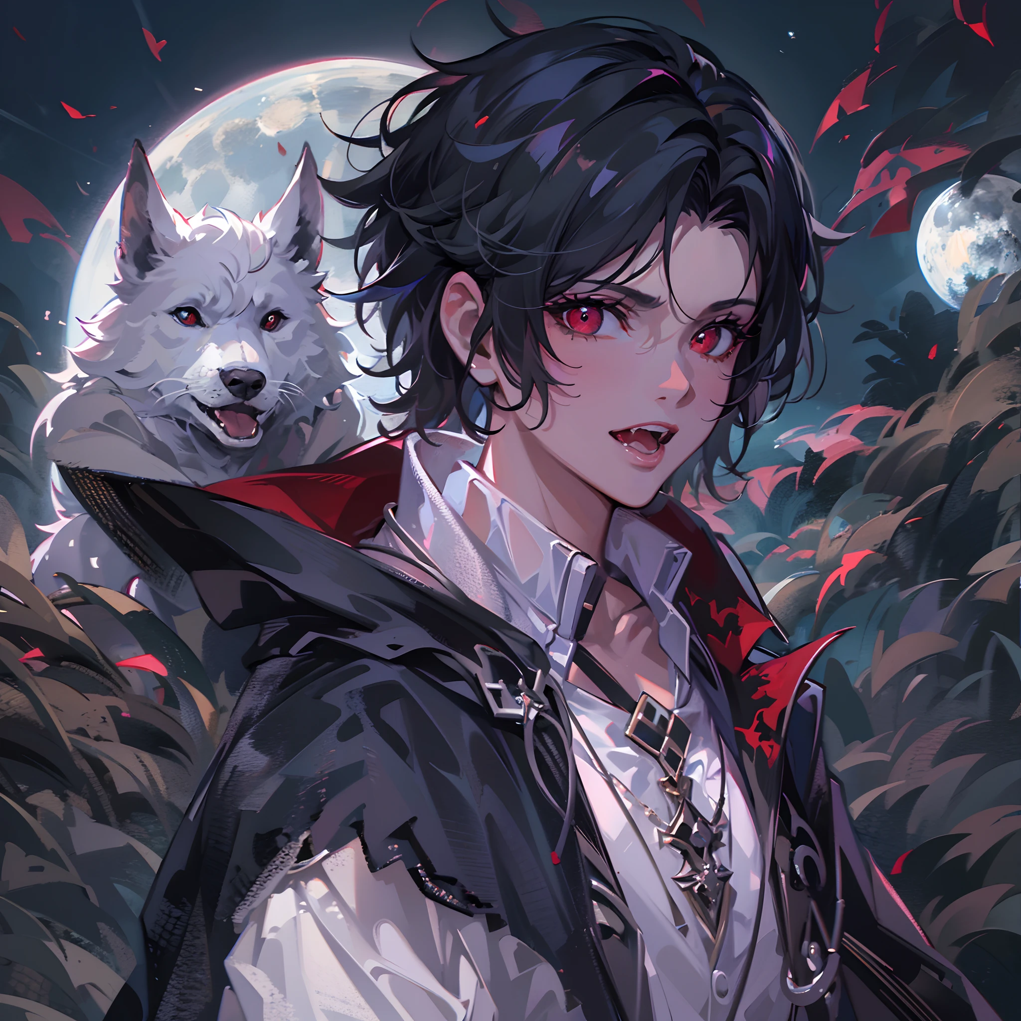 ((top-quality)), ((masterpiece)), ((ultra-detailliert)),(8k wallpaper:1.2),(Ultra-high resolution:1.2),(masterpiece:1.1),wallpaper,High quality,masterpiece,(High detail),1boy, white-ish black hair, two-toned hair,deep red eyes, vampire,sharp canine teeth, vampire teeth, wearing a black cloak,blue moon in the background, standing out in the forest , absolutely stunning art, extremely detailed, highest quality digital art, highest resolution, HD quality, wallpaper 8k