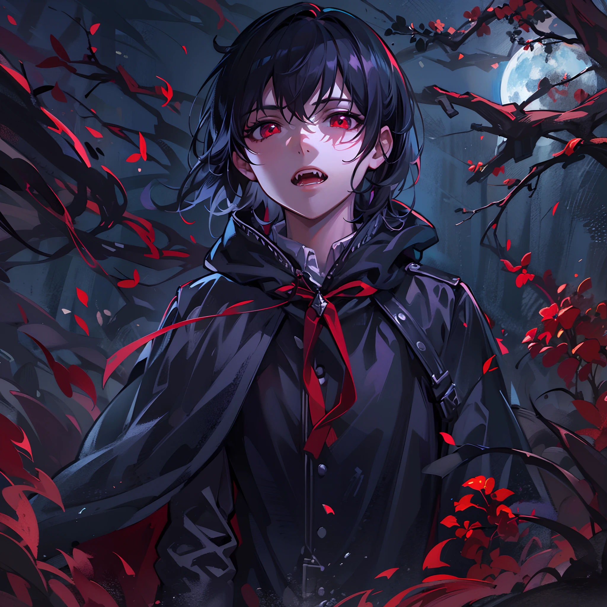 ((top-quality)), ((masterpiece)), ((ultra-detailliert)),(8k wallpaper:1.2),(Ultra-high resolution:1.2),(masterpiece:1.1),wallpaper,High quality,masterpiece,(High detail),1boy, white-ish black hair, two-toned hair,deep red eyes, vampire,sharp canine teeth, vampire teeth, wearing a black cloak,blue moon in the background, standing out in the forest , absolutely stunning art, extremely detailed, highest quality digital art, highest resolution, HD quality, wallpaper 8k