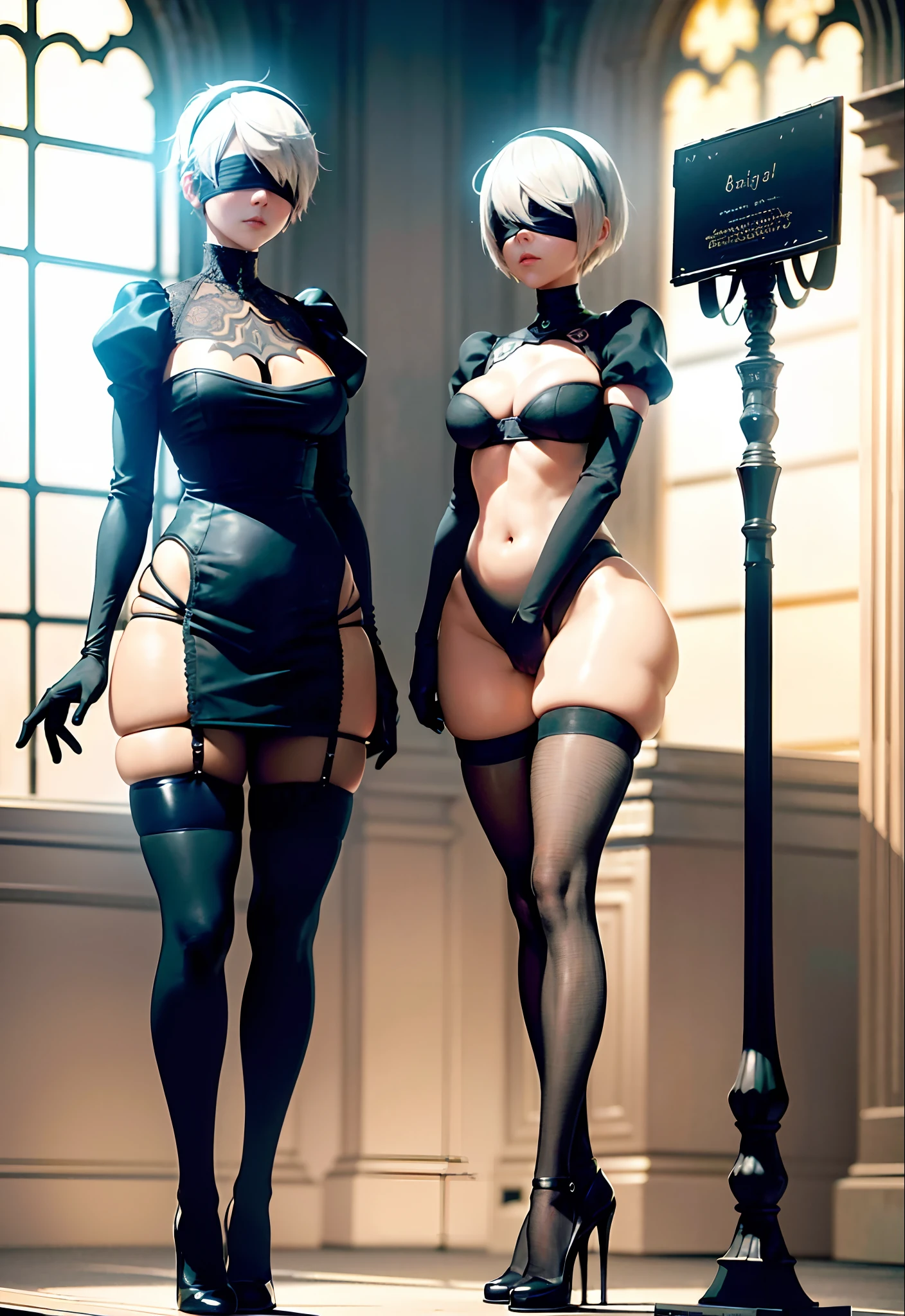 (Masterpiece, nier automata 2B, with black blindfold on,standing in a beautiful pose: 1.5)  (Best Quality, cinematic lighting: 1.5), Perfect Eyes, Perfect Face, Volumetric Lighting,  sunlit atmosphere cinematic presentation,slight frills, Black Stockings, Seductive, background is a romantic nighttime cathedral setting, Super Close Shot, Very accentuated hourglass figure, (Inner Flesh: 0.5), (Nipple Protrusion: 0.5) skin is greasy.  Goose bumps