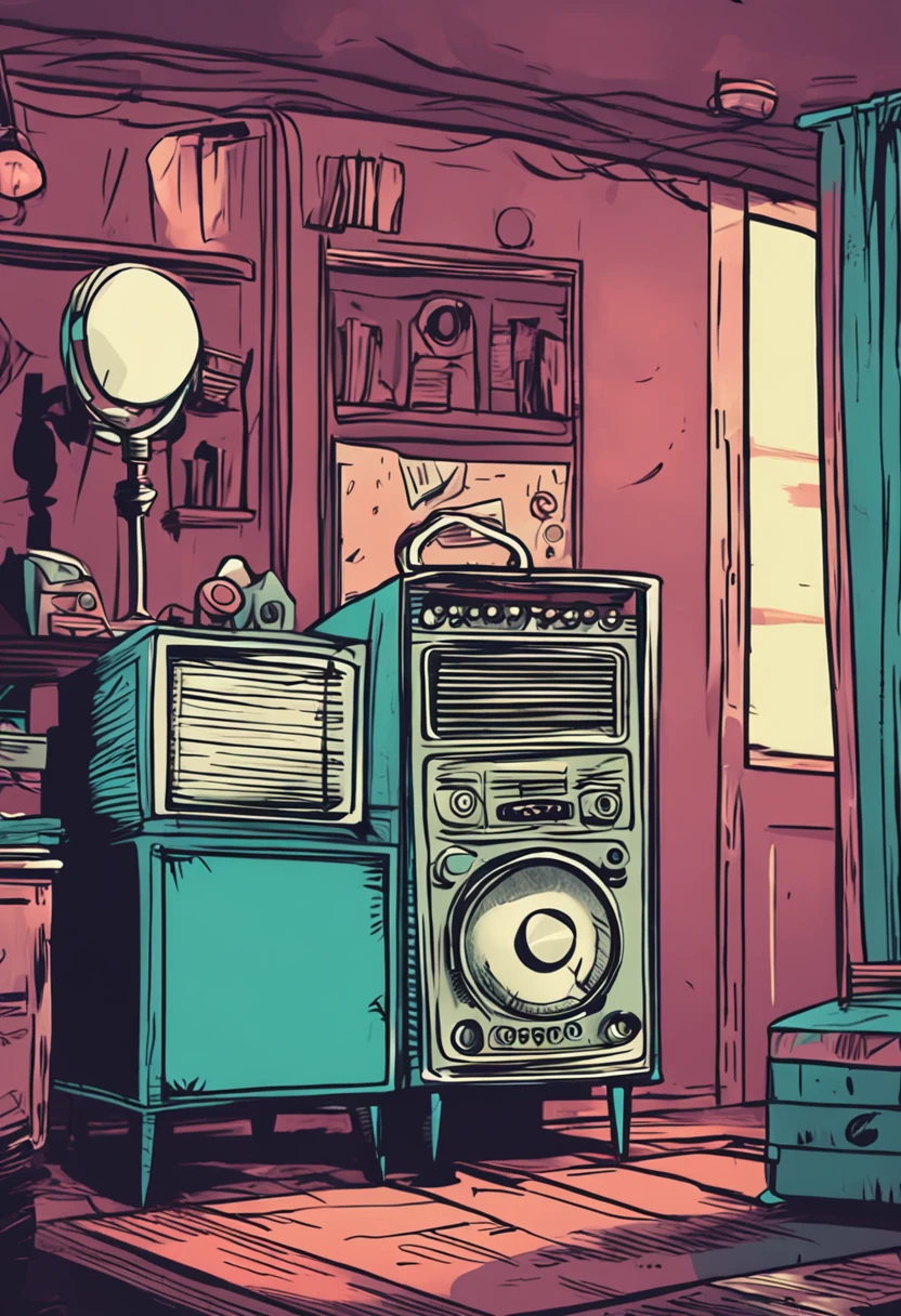 A young man listens to a Cartoon Drawing Style  of an old radio in his room，With a dark and creepy atmosphere --v 16:9
