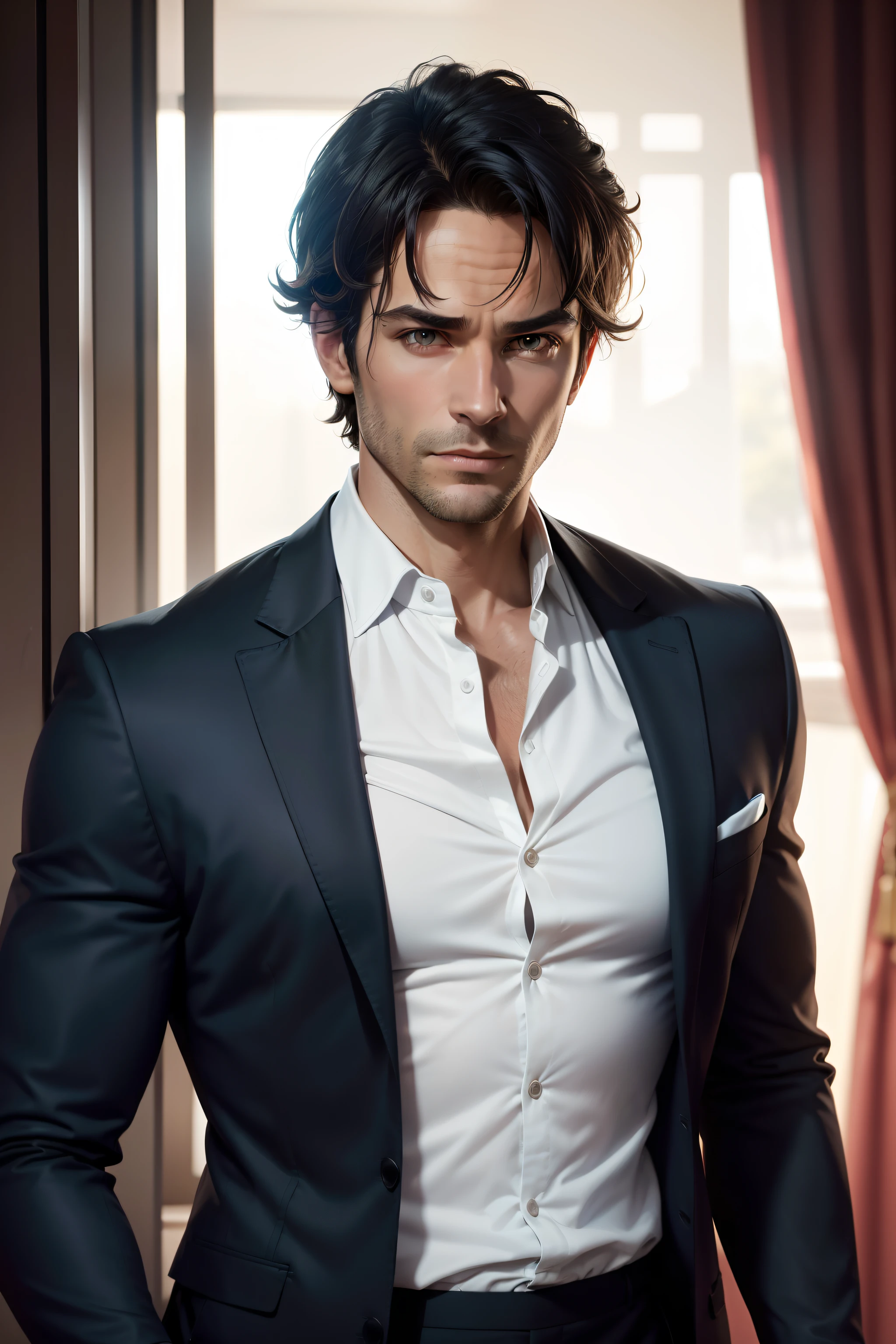 arafed image of a man in a suit and white shirt, doing the bateman stare, damon salvatore, 3 6 years old, 38 years old, 3 2 years old, he is 3 5 years old, 3 5 years old, 35 years old, handsome man, he is about 4 0 years old, he is about 40 years old, handsome eyes