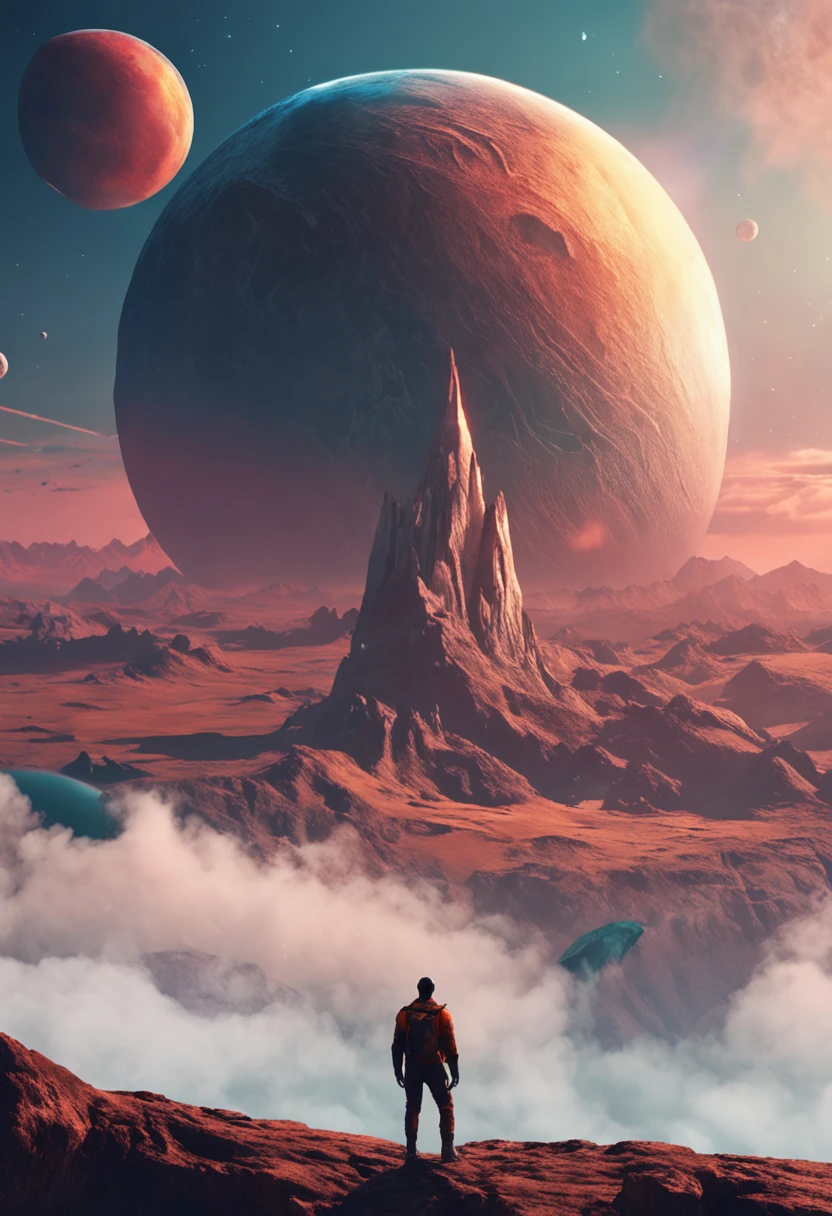 arafed view of a man standing on a rocky mountain with a planet in the background, concept art wallpaper 4k, 4k highly detailed digital art, 8k hd wallpaper digital art, hq 4k phone wallpaper, 8k stunning artwork, wallpaper 4 k, wallpaper 4k, artgem and beeple masterpiece, 4 k hd illustrative wallpaper