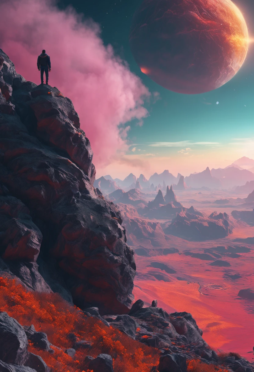 arafed view of a man standing on a rocky mountain with a planet in the background, concept art wallpaper 4k, 4k highly detailed digital art, 8k hd wallpaper digital art, hq 4k phone wallpaper, 8k stunning artwork, wallpaper 4 k, wallpaper 4k, artgem and beeple masterpiece, 4 k hd illustrative wallpaper