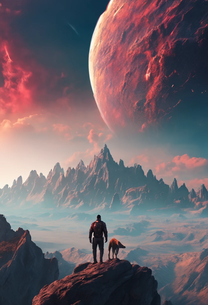 arafed view of a man standing on a rocky mountain with a planet in the background, concept art wallpaper 4k, 4k highly detailed digital art, 8k hd wallpaper digital art, hq 4k phone wallpaper, 8k stunning artwork, wallpaper 4 k, wallpaper 4k, artgem and beeple masterpiece, 4 k hd illustrative wallpaper